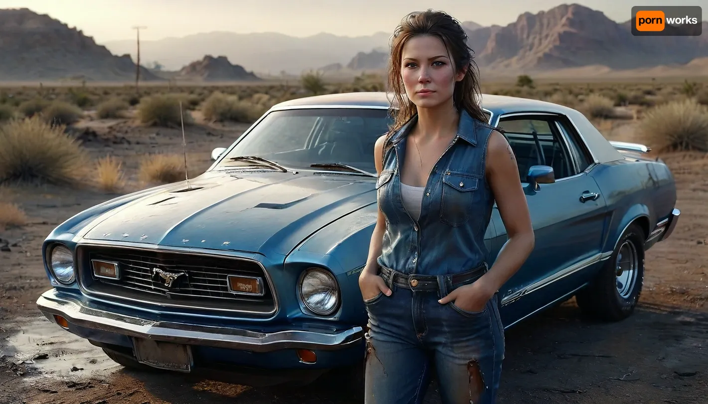 Create a photorealistic scene set in the Arizona desert during the 1970s. A breathtaking female auto mechanic, drenched in sweat and covered in grease, stands in front of a brown classic, (Mustang Gen 2 from 1974:1.3), with its hood open. Her blue overalls are partially unbuttoned, revealing glimpses of skin, and her hands and face are smudged with oil. The intense desert heat creates a hazy, dusty atmosphere, adding a gritty, authentic vibe. She holds tools in one hand, focused and skilled, while the sun sets in the background, casting a warm glow. The entire scene captures the raw, hardworking essence and the sultry charm of the mechanic, (ziprealism:1.3), ultra-sharp details, realistic skin texture, refined contrast, 8k detail, authentic facial expression, clean composition, (maximum photo quality:1.4), (maximum resolution:1.5), Black, and, white, art, black, shading, charcoal, toned, brutal, dark, b/w, color, scheme, DonMSp3ctr4lXL, clothes, htk-mstng2, <lora:Black and white art.V1:.2>, <lora:photorealistic_portrait_notrigger:1.1>, <lora:MJ52:.5>, <lora:DonMSp3ctr4lXL-000008:.9>, <lora:Mustang_Gen_2_1974:.8>