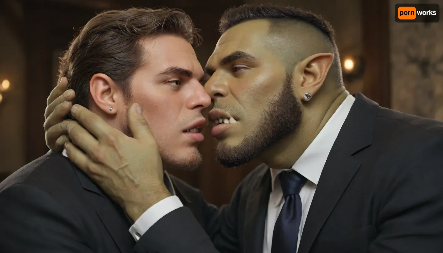 Green skinned orc man. Orc tusks. Well dressed. In a black suit. Pointed ears. Non-human. Older. Green skin. Orc. Green flesh. Lawyer. Green pigment. Tusks, Monster. orc, man. Orc mouth. Fully dressed. Court room., dress shirt. Tie. Tusked lower teeth. Fangs. Green skin. Pointy teeth. Oversized tusks. Green hands. Green face. Brown hair. Kissing a man. Gay kiss. Two men. Orc and human., <lora:orc_man:.8>, <lora:Kissing:2>, lips touching. Gay. Beards