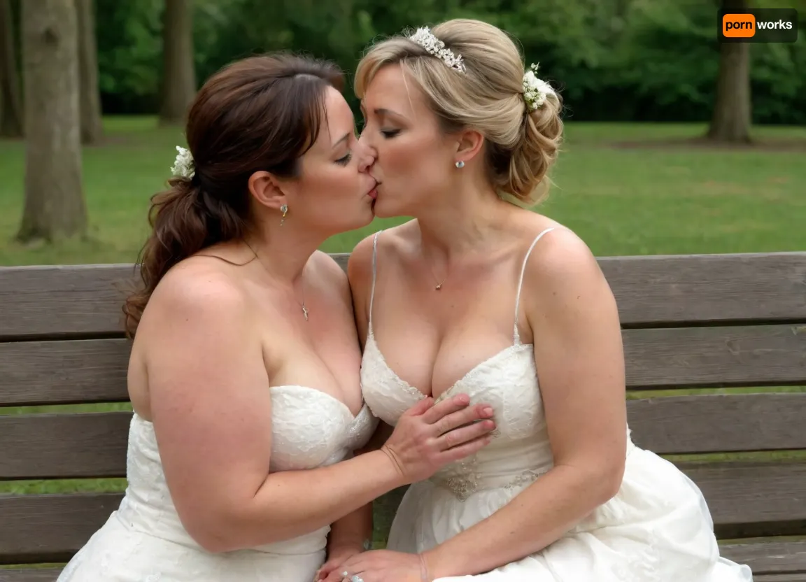 masterpiece, best quality, two very attractive, (curvaceous), (middle aged:1.6), married wives with, ((big natural tits)), sitting on a bench outside, (passionately kissing each other:1.4), holding each other breasts, (wedding rings:1.3), french, kiss, <lora:french_kiss_xl_v1:1.3>