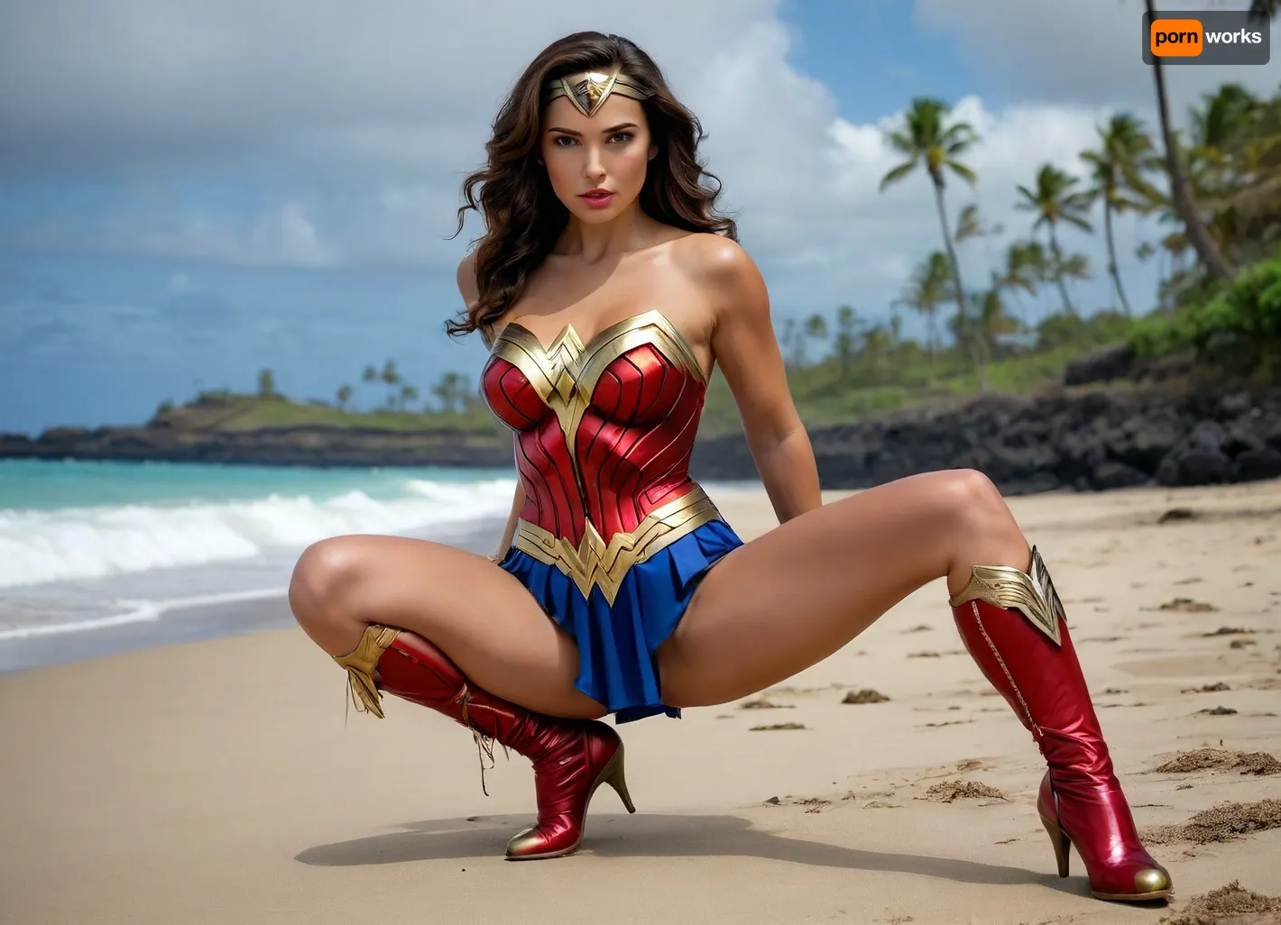 Create an image, (view of full body), of *Wonder Woman* in her classic WWII-era costume, a red, gold-breasted armor top with a prominent eagle emblem, 36DD breasts, showing deep cleavage, blue skirt, red high heel wedge boots. Looking at viewer with her light blue eyes. Include her golden tiara and silver bracelets., ((Squatting on a Hawaiian island beach)), ., <lora:add-detail-xl:2>, <lora:BUT_SDXL_SHS:.3>
