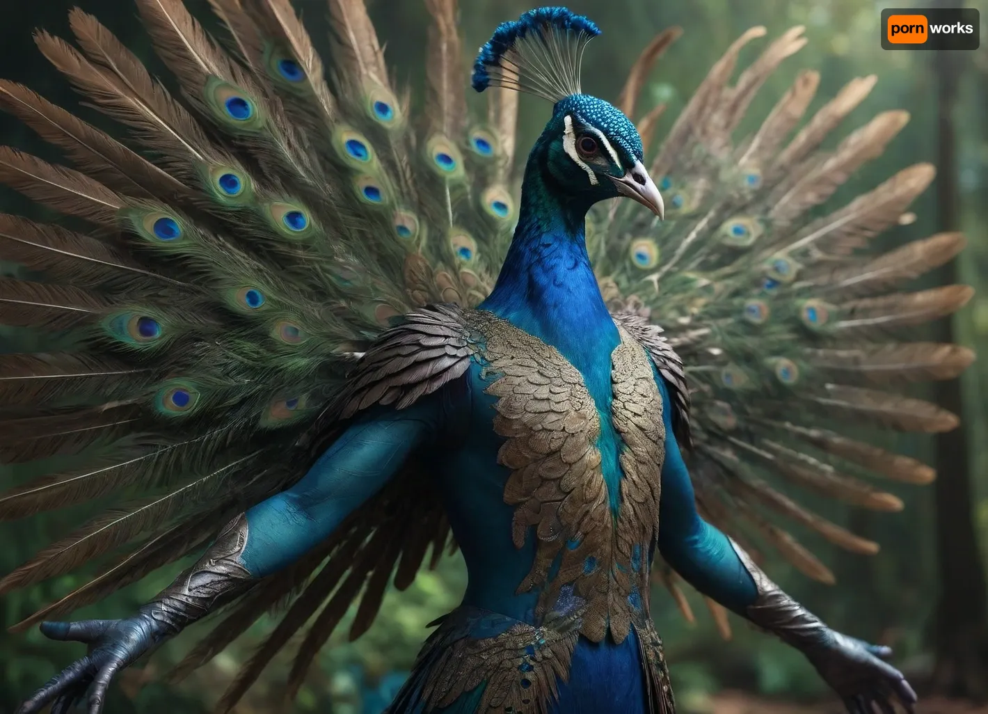 Bird man. Feathers. Part peacock. Humanoid. Wing arms. Hybrid.