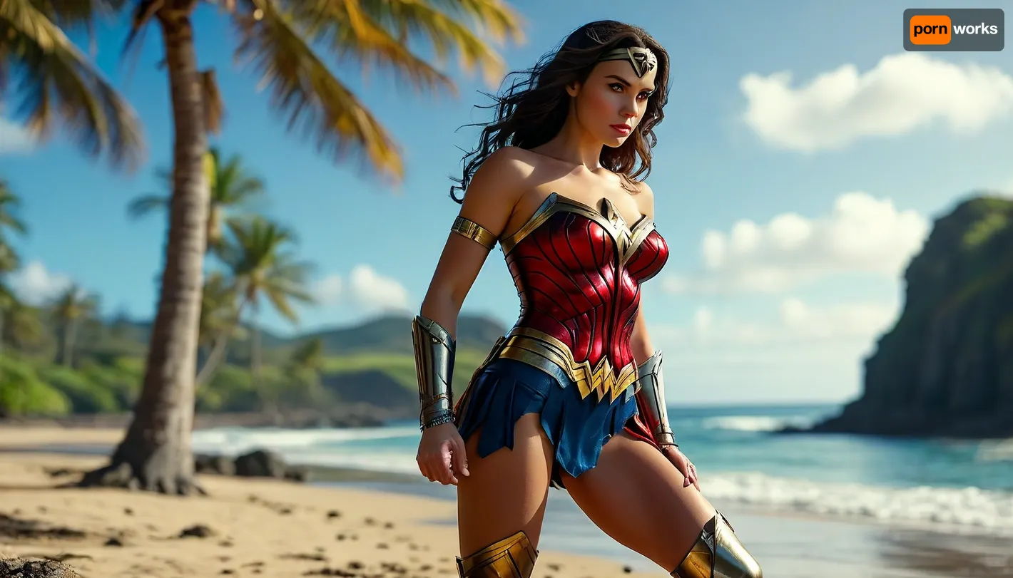 Create an image, (view of full body), of *Wonder Woman* in her classic WWII-era costume, a red, gold-breasted armor top with a prominent eagle emblem, 36DD breasts, showing deep cleavage, blue skirt, red high heel wedge boots. Confident expression, looking at viewer with her light blue eyes. Include her golden tiara and silver bracelets., Sitting on a Hawaiian island beach with clear blue skies., <lora:MJ52:2>, <lora:add-detail-xl:2>, <lora:BUT_SDXL_SHS:.3>