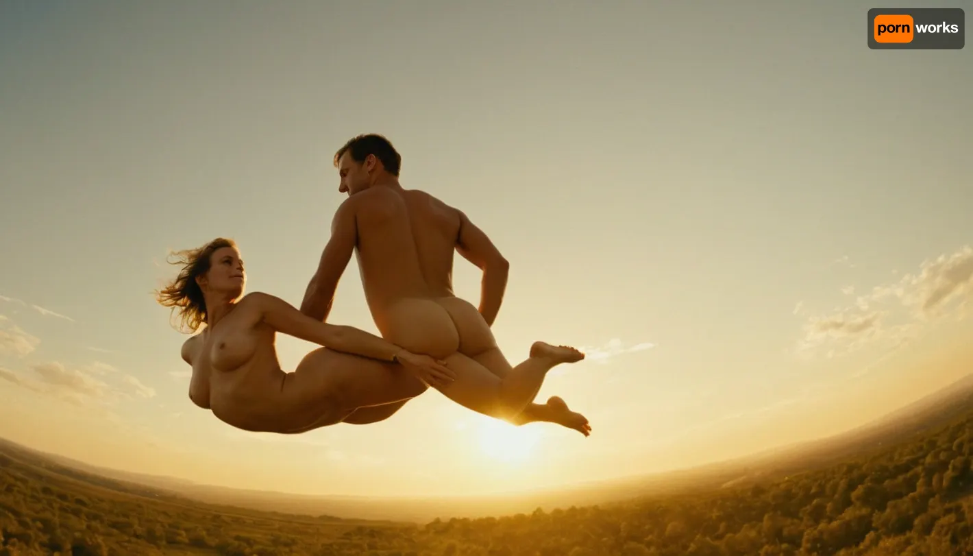 Cinematic, wide angle, 35mm, golden hour, 1 naked man, 1 naked woman, couple has sex while skydiving.