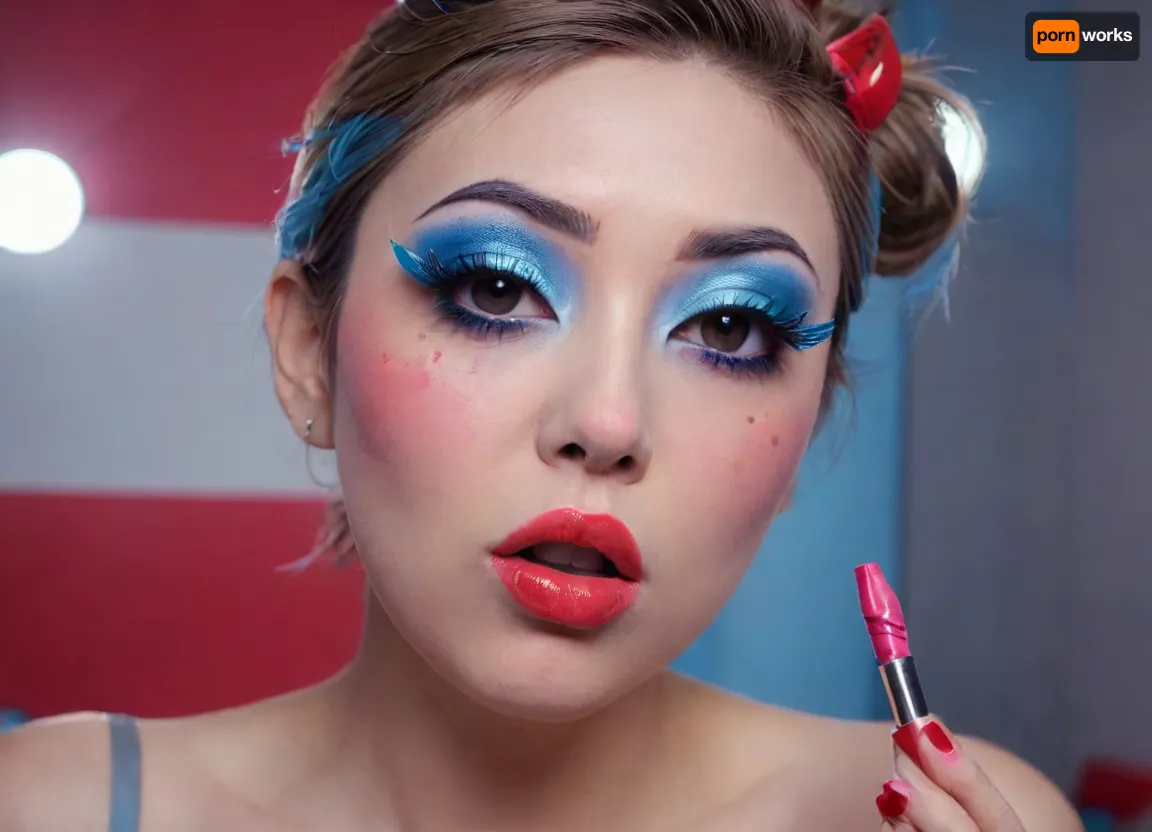 The image shows a yo girl, (Japanese:1.7), She is wearing a sleeveless grey dress with decorative nipple cutouts., (bright lighting:1.2), beautiful detailed eyes, extremely detailed face, perfect lighting, best quality, steel pipe indide pussy, solo, ((anus)), She has long, wavy brown hair and is smiling while applying red lipstick. She holds a red lipstick in one hand and a compact mirror in the other, which is partially open. Red sunglasses rest on top of her head, and she has pinky-red nail polish, matching her lipstick. The background is plain and light-colored, emphasizing her as the focal point., ((makeup:1.5), long blue eyelashes with eyeliner:1.2), (big lips:1.3), (purple pussy:1.1), futuristic, glasses, ruined, makeup, Filip, Hodas, Style, page, <lora:FuturisticGlassesXL:1.2>, <lora:ruined1:1.6>, <lora:Filip Hodas Style:2>