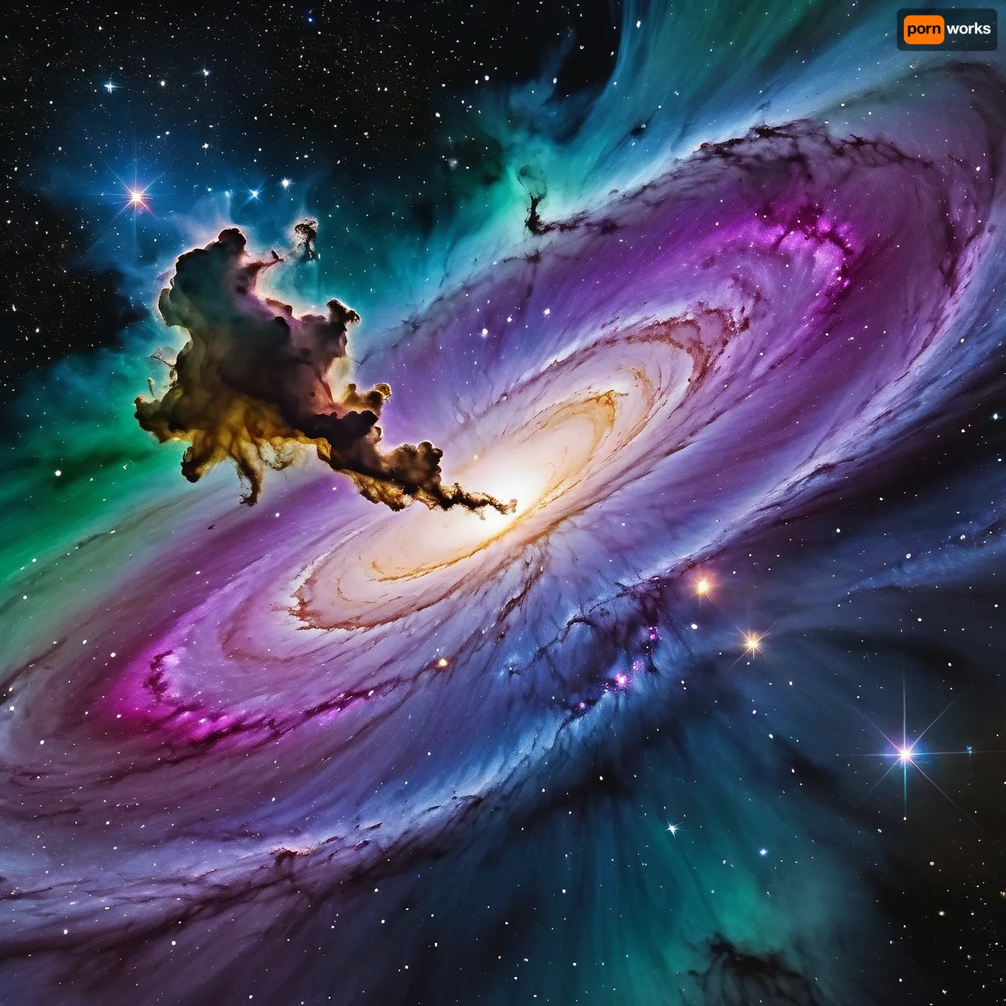 A casual photo of Cosmic universe nebula in watercolor style, ethereal and dreamy space scene, swirling galaxies and stardust, vibrant glowing colors, bright yellow, pure white, neon green, deep purple, vivid magenta, and black void background, fluid watercolor washes, soft bleeding edges, translucent layers, luminous stars and cosmic dust, high detail, artistic, magical atmosphere, 4k