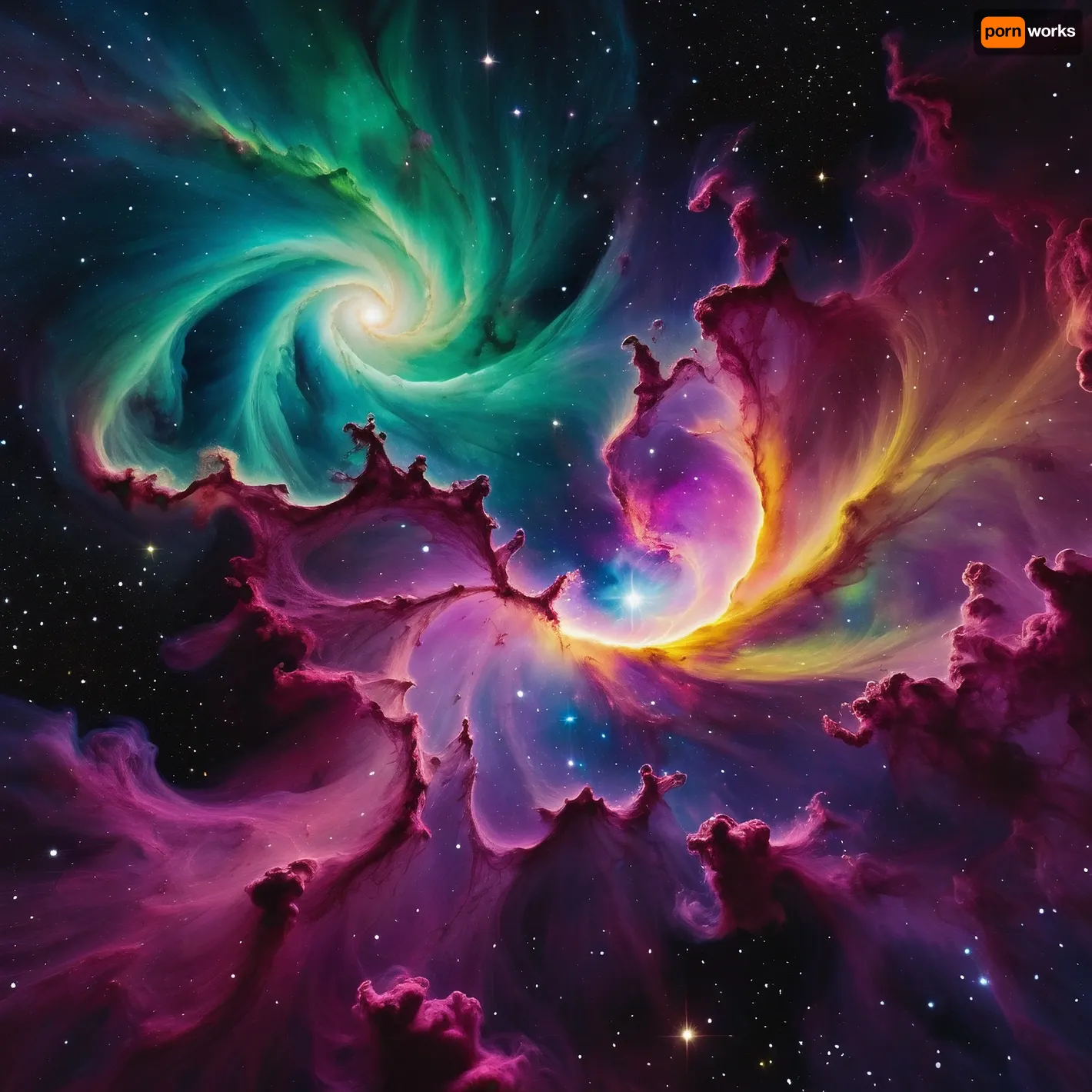 A casual photo of Cosmic universe nebula in watercolor style, ethereal and dreamy space scene, swirling galaxies and stardust, vibrant glowing colors, bright yellow, pure white, neon green, deep purple, vivid magenta, and black void background, fluid watercolor washes, soft bleeding edges, translucent layers, luminous stars and cosmic dust, high detail, artistic, magical atmosphere, 4k