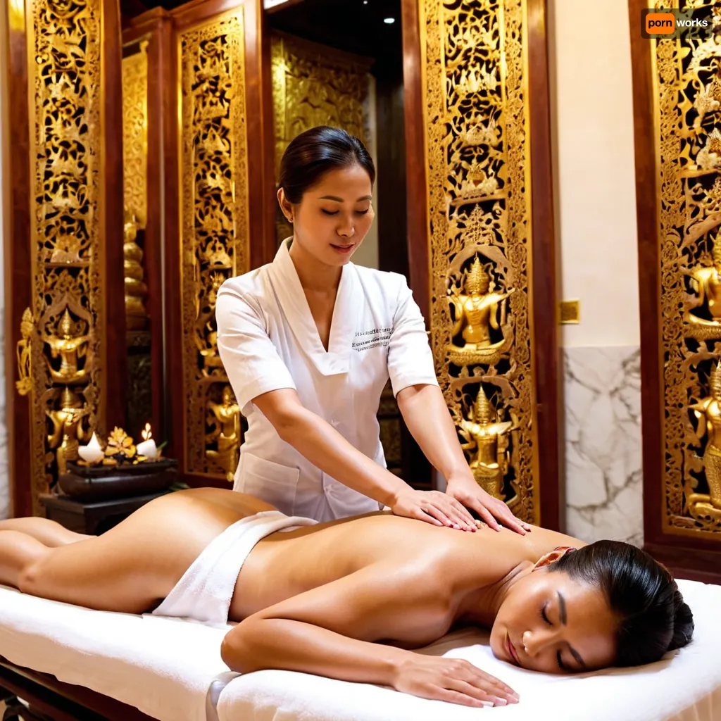 A relaxing atmosphere surrounded by exquisite marble and bronze details that illuminate the exotic Wat Phra, projecting flashes of light onto its architecture, highlighting the incredible structures as if they were gold, with white marble accompanied by a relaxing massage. A real Thai Mandarin masseuse performs an authentic massage with a golden Chong Kraven, skillfully massaging a man lying on a clothed mat. Tranquility can be seen on the man's face. Lying in front of the woman, Wat Phra masseuse, statues, marble.