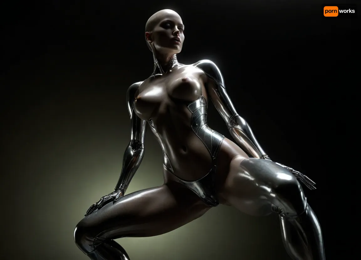 A sexy female robot with reflecting metallic chrom skin, a highly detailed and vibrant fantasy artwork, concept art nude big brest girl, art by Hajime Sorayama. She wears nothing, completely nude, chrome skin, Chrome Eroticism, smooth, reflective surfaces that enhance the metallic sheen of robots. The detailed rendering of textures, from the softness of human skin to the hardness of metal, she has no hair, bald head, dynamic lighting, lights, digital painting, intricated pose, highly detailed intricated, . digital artwork, illustrative, painterly, matte painting, highly detailed, best quality, fine detail, warm lightning, erotic, porno, subdued atmosphere, chiaroscuro, full body, full body view, light_green background. The body floats weightlessly in space. Crouched position. Tumbling body in space. Art style inspired by Hajime Sorayama and the sexy robot series., low angle, ((randomized-body view from below)), <lora:dark:.5>