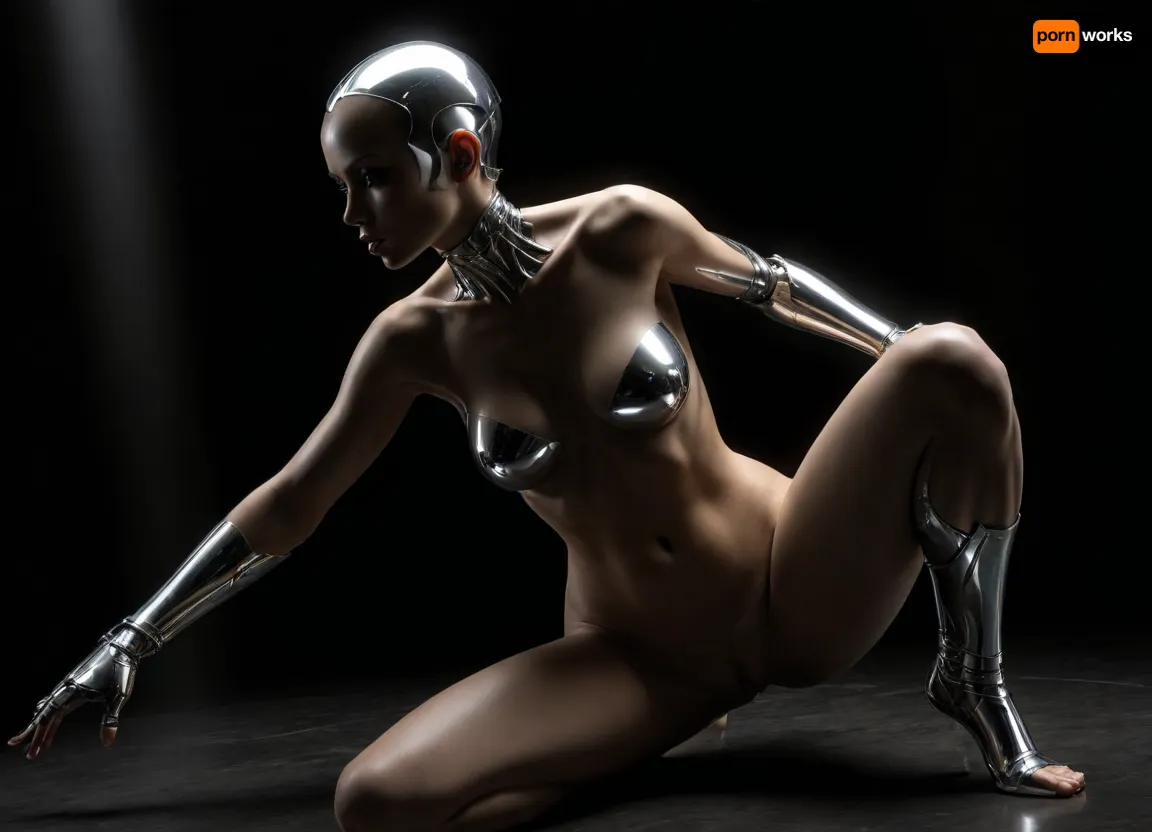 A sexy female robot with reflecting metallic chrom skin, a highly detailed and vibrant fantasy artwork, concept art nude big brest girl, art by Hajime Sorayama. She wears nothing, completely nude, chrome skin, Chrome Eroticism, smooth, reflective surfaces that enhance the metallic sheen of robots. The detailed rendering of textures, from the softness of human skin to the hardness of metal, she has no hair, bald head, dynamic lighting, lights, digital painting, intricated pose, highly detailed intricated, . digital artwork, illustrative, painterly, matte painting, highly detailed, best quality, fine detail, warm lightning, erotic, porno, subdued atmosphere, chiaroscuro, full body, full body view, light_green background. The body floats weightlessly in space. Crouched position. Tumbling body in space. Art style inspired by Hajime Sorayama and the sexy robot series., low angle, ((randomized-body view from below)), <lora:dark:.5>
