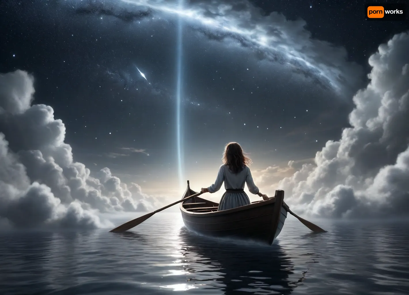 Photorealism, photorealistic, realistic, {dark fantasy art, a girl in a boat sailing among the clouds along a white glowing strip, across the sky, surrounded by space, stars, and stardust}, lifelike, highly detailed, ultra-realistic, cinematic lighting, 8K