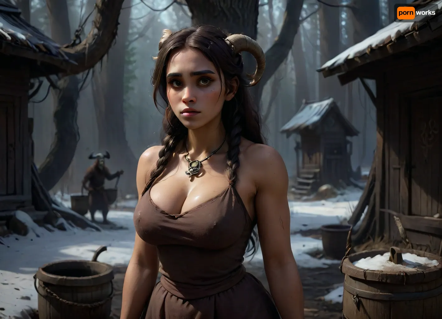 Abandoned northern Russian village, decayed wooden houses, old broken well, twisted leafless trees, dense fog, eerie mystical atmosphere. A young woman with long white braids, wearing a traditional Russian patterned headscarf, full-figured body, strict facial features, cold expression. She stands near the well with a bucket. Behind the trees, a supernatural creature watches — a faun-like demon with goat hooves, dark skin, glowing eyes. Cinematic lighting, high detail, ultra-realistic textures, dramatic shadows, 8k, highly detailed environment, atmospheric depth, sharp focus on main characters, photorealistic., clvnhvs, 4ng3l, face, <lora:DetailedEyes_V3:1.6>, <lora:Animated_Concept:.3>, <lora:clovenxl_v1:.8>, <lora:dark:1.8>, <lora:SDXL_BetterFaces-LoRA_v1:2>