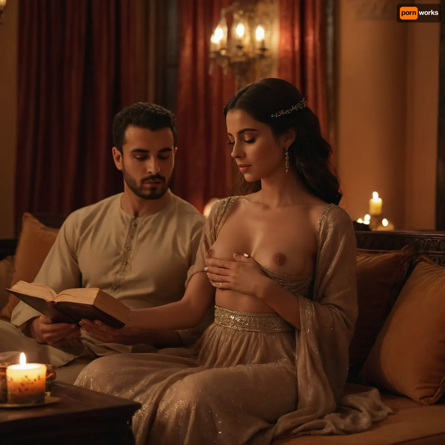 Man and arabian princess sheerazad in Arabian palace, in luxury arabian gown sitting on cushion, oud, reading a book to arabian prince, sensuality, ((she is undressing, showing her nipples)), taking off her bra, warm lightning, candles, smoke of incense, realistic, nightly, sensual atmosphere, feeric, erotic, ghutra, thobe, <lora:arab robe:.8>