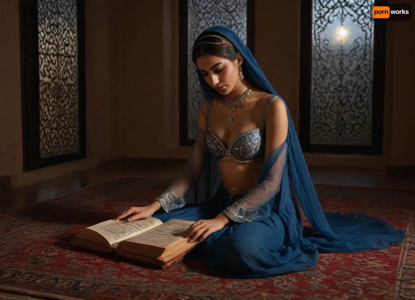 Scheherazade beautiful princess from tales from the Arabian Nights, 25 nyear old, reading a parchment with arabic calligraphy, in blue gown made of transparent veils, oriental bra, henna tattoo, resignation expression, she is in Baghdad, in Harem in an Arab palace, on Persian carpets and surrounded by cushions, (moonlight through window, nightly), great serenity and warm light, realistic photography, candles, perfect hands, side view, perfect fingers, arabic, calligraphy, <lora:arab_architecture_by_styx:1.5>, <lora:arabic_calligraphy:1.5>, dark, skin, <lora:Darker_skin_SDXL:.8>, <lora:Omani_male:.8>