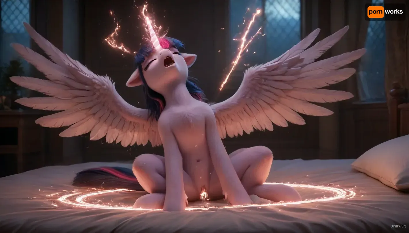 Twilight Sparkle from "My Little Pony", masturbating herself with magic, fluffy fur, (((pony body))), best quality, masterpiece, little tits, magic penis in pussy, (strabismus:1.5), long magic horn, wings, alicorn, (sex), cum, (((orgasm, delight))), (wet), night, neon