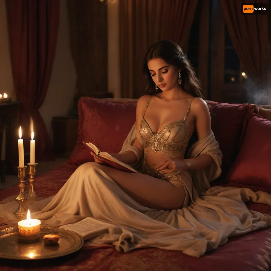Arabian palace, arabian princess Shehérazade in luxury arabian gown, reading a book to arabian prince sitting on cushion, sensuality, (she is undressing, showing her nipplees), taking off her bra, warm lightning, candles, smoke of incense, realistic, nightly, sensual atmosphere, feeric, erotic