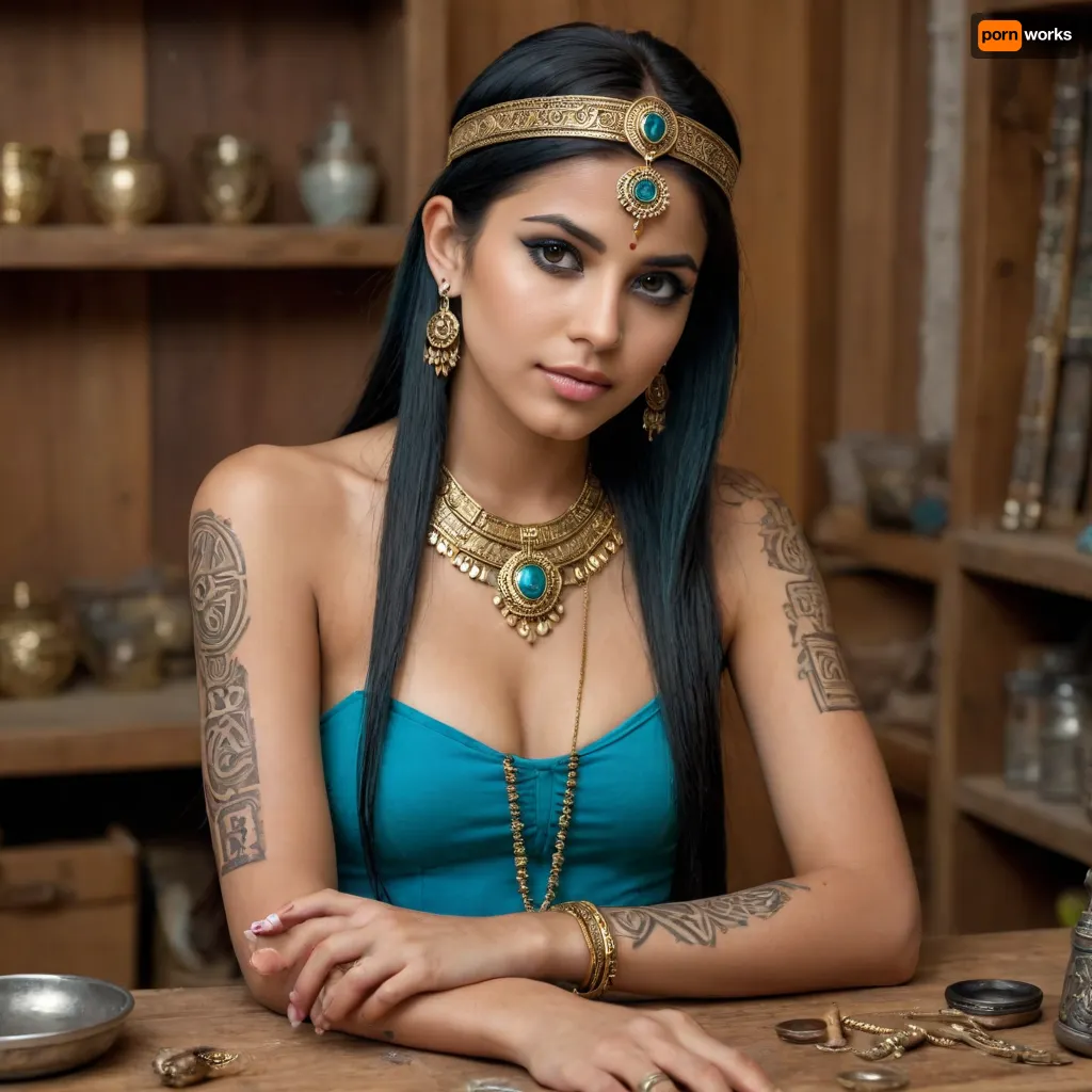 Jewelry workshop, (((a girl makes precious jewelry on a workbench))), on the shelves there are precious stones and gold, young beautiful 18 years old Indian girl, toned muscles, skinny, tempting, seductive, bright turquoise eyes, (languid facial expression), (partially naked), (bob hairstyle), (black straight hair), (ritual face painting, ritual makeup), (ritual crown), ritual jewelry, gold jewelry, (the body is completely covered with runic tattoos), Indian style, Aztec style, Mayan style, (highly detailed sexy face)