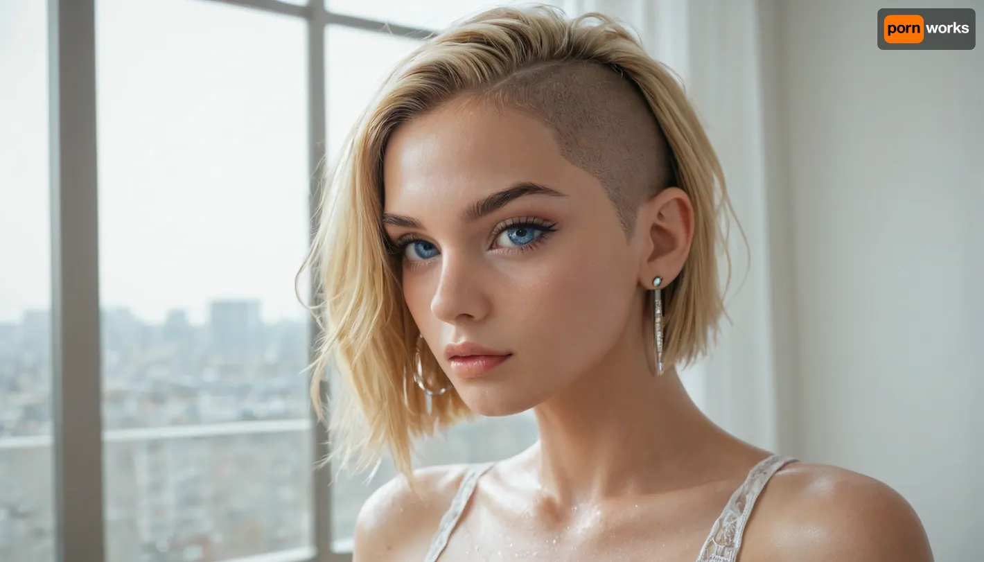 Blonde, bobcut, pointy nose, blue eyes, looks like Alexis Texas