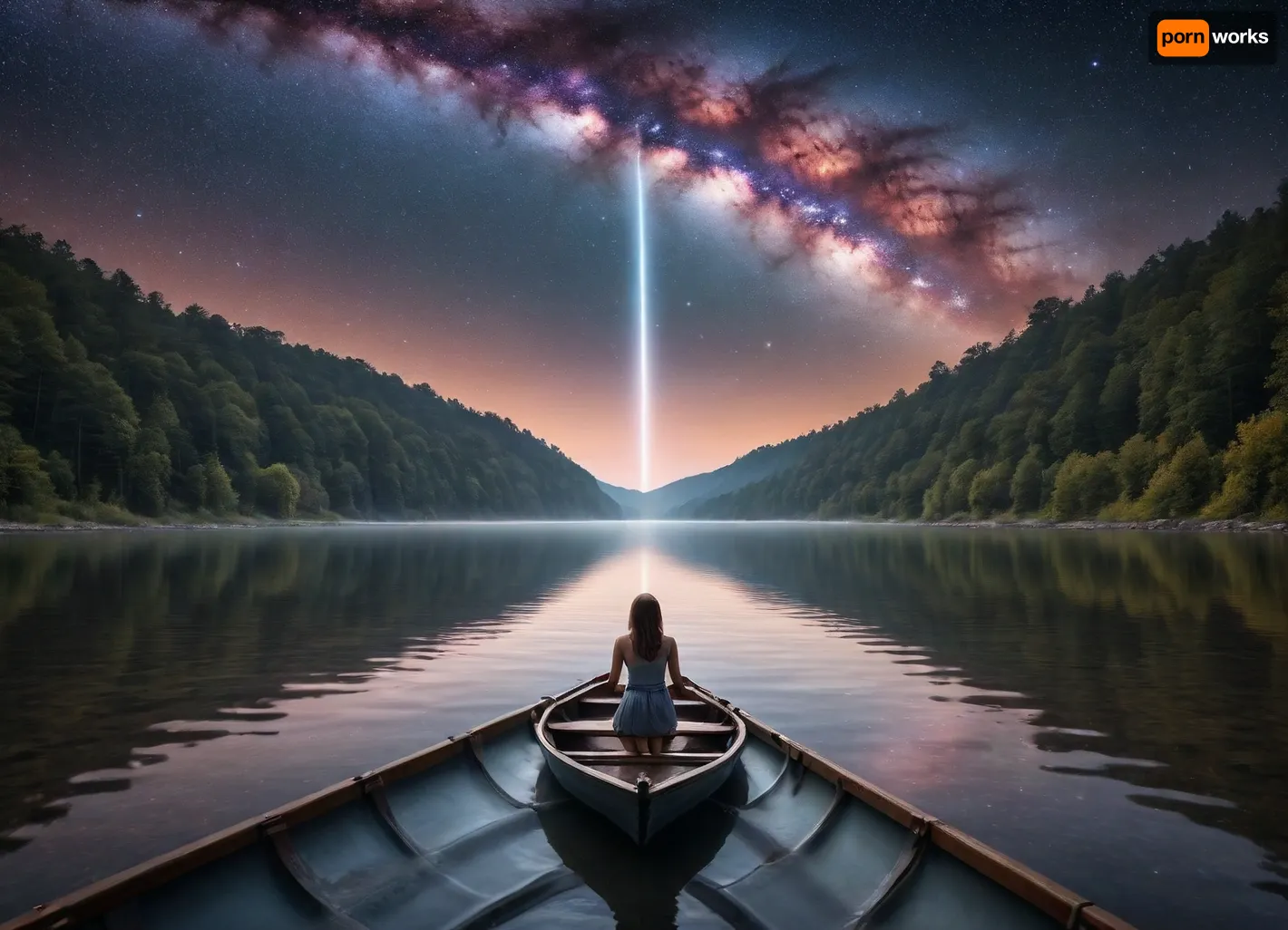 Photorealism, photorealistic, realistic, {dark fantasy art, girl with her back to the viewer, sailing in a boat!, (along the Milky Way, reflecting in the river, a white glowing strip shows the galaxy), surrounded by space, stars, and stardust}, lifelike, highly detailed, ultra-realistic, cinematic lighting, 8K