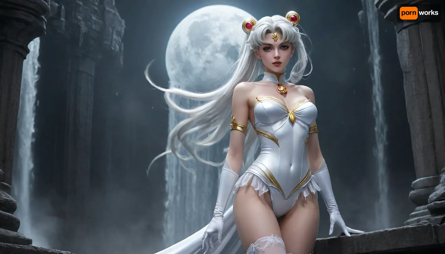 full body view sailor moon, Ethereal female entity, bottomless eyes, waterfall hair cascading and veiling her face, medium breasts, nipples, dynamic pose, white satin gloves, shite satin thigh high stockings, hand under breast, collarbone glistening under moonlight, Digital painting captures interplay of Art Nouveau and punk aesthetics within her being, contrasted against sprawling backdrop of cyber and atmospheric industrial textures, distilled mourning of a divine spirit, gripping, cyberpunk elements, atmospheric contrasts, detailed hairstyle, Lunar luminesc, <lora:DigiArt:.8>