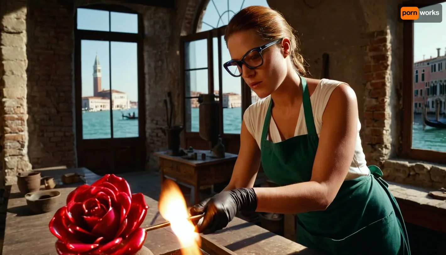 Wide angle shot of a Venetian glassblower creates a red glass rose, a Murano glass blowing workshop, a 30y.o. Venetian woman glassblower, short ponytail, wearing an apron gloves and safety glasses, a clear view of Venice through the window on a sunny day, Masterpiece, high detail, high quality
