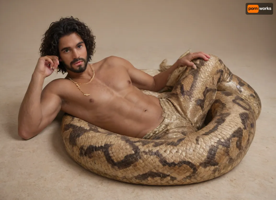 Snake man. Naga. Half snake half human. Attractive. Monster. Lamia. Male. Man. Egyptian. Scales. Snake fangs. Snake skin. Hybrid. Snake tail from the waist down. No legs. Full body. Scales on chest. Long tail. Coiled. Arms. Dark skin. Jewelry. Gold chains. Solo male Multiple scale colors. Beard. Facial scales. Snake eyes. Two cocks. Diphallia. Stomach up. Laying on a sunny rock. Naga. Half snake. Snake hybrid. Half snake. Snake tail. Snake human fusion.