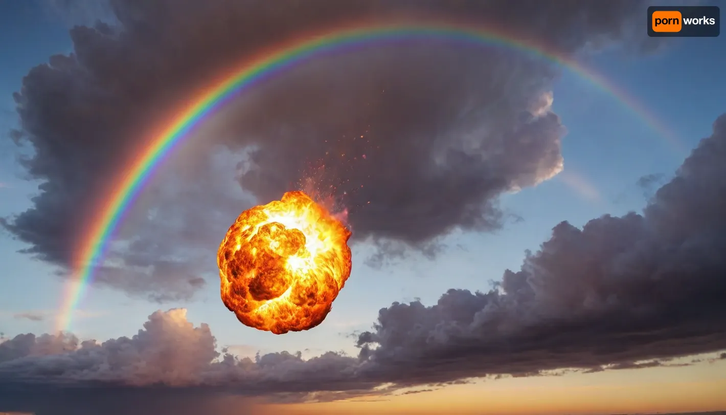 fire ball in sky full of rainbow and dramatic clouds