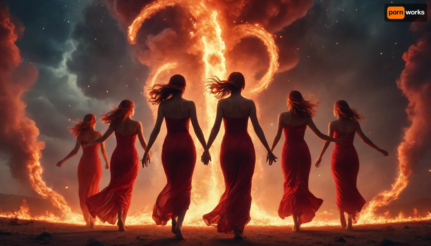 light connection between many of galaxies, flaming red women ghost dancing between them fire tornado from sky