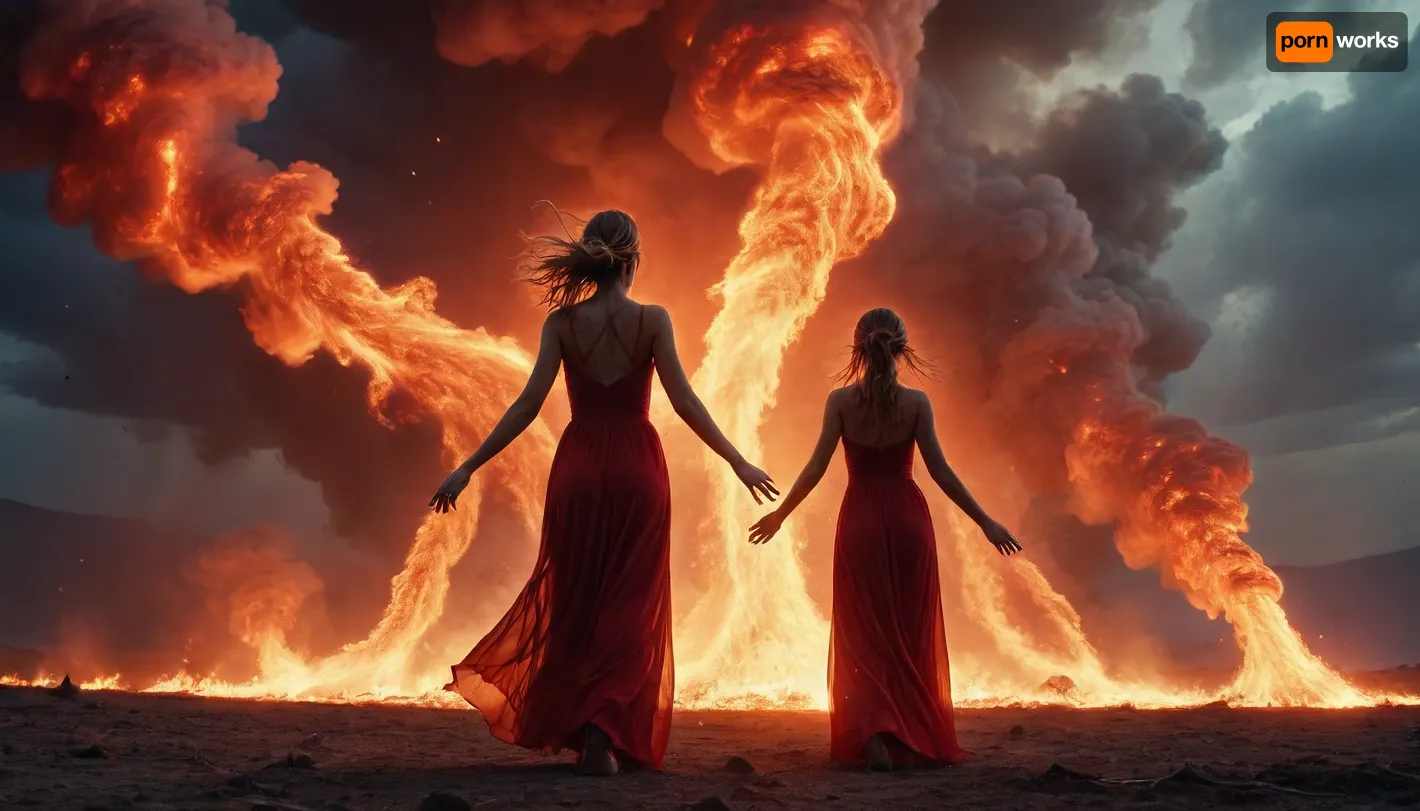 light connection between many of galaxies, flaming from bodies red women ghost dancing between them fire tornado from sky, axe Iansa