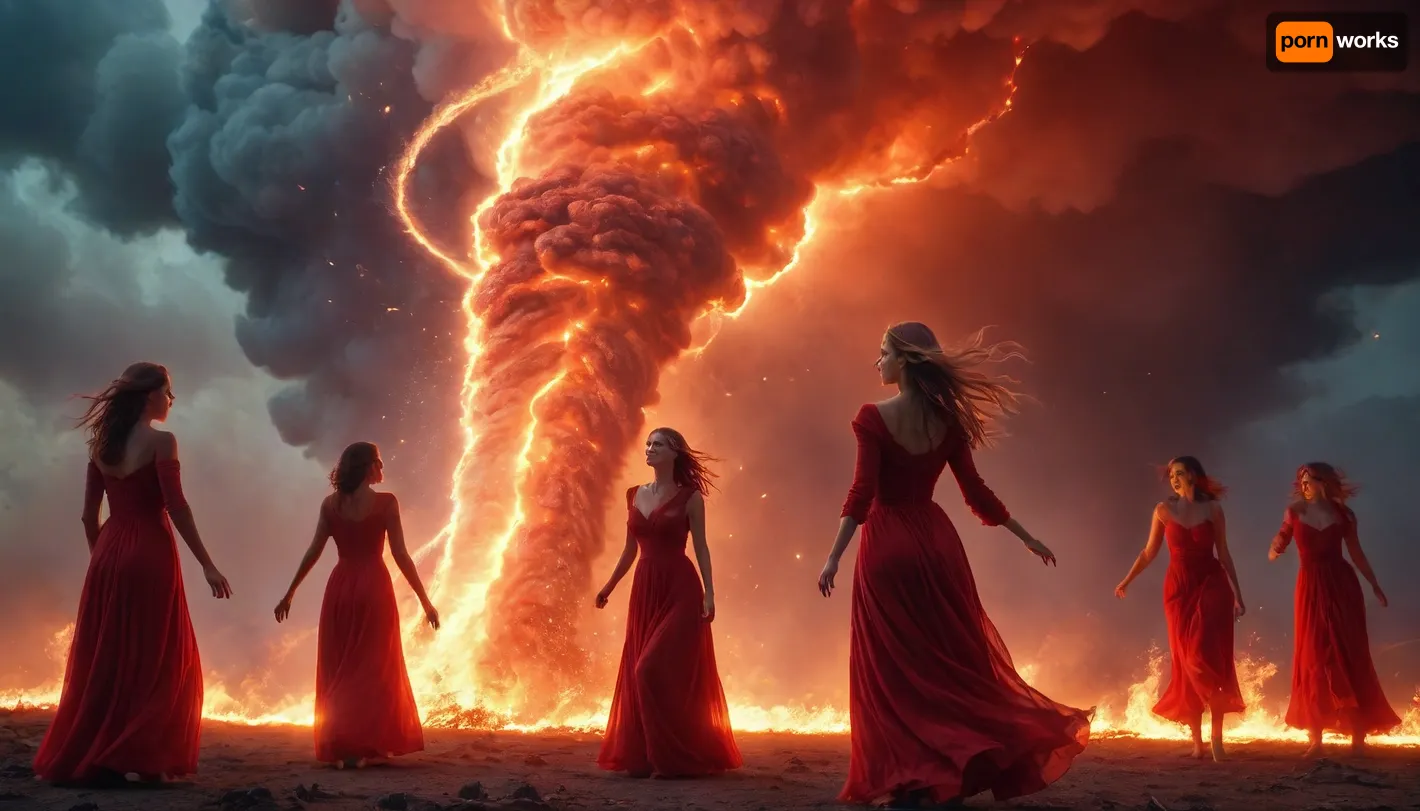 light connection between many of galaxies, flaming red women ghost dancing between them fire tornado from sky, axe Iansa