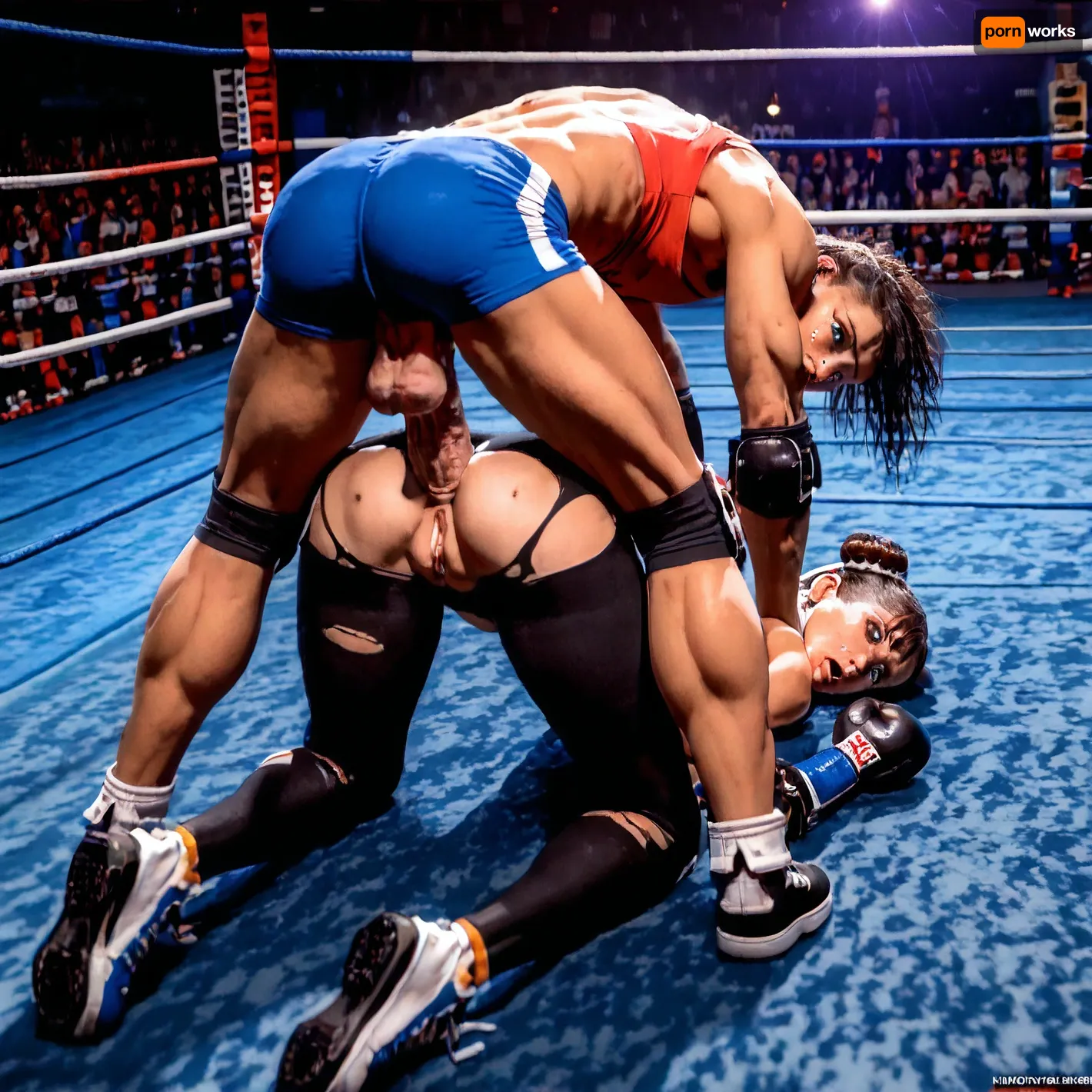 8K, uhd, hyper-realistic, photorealism, masterpiece, (detailed face and eyes:1.3), (photorealistic face and eyes:1.3), (1man, 1woman), (open eyes:1.2), (a wrestling match between an athletic woman and a lean man has ended in defeat for the woman, her punishment is getting fucked aggressively in a boxing ring with spectators on all sides, the man has pinned her to the mat in a twisted body position and is fucking her ass and pussy:1.1), (very lean man:1.3), (man is similar height as woman), (big balls:1), (doggystyle), (foot on head:1.2), (head pinned down, ass up), (cock in pussy), (exhausted and defeated expression, tears:1.1), (torn sexy wrestling outfit:1.3), (torn lycra tights:1.3), (knee pads, elbow pads, wrestling shoes), view from above, overfit, style, (overfit, style:2), (style:4), PUT, OVERFIT, STYLE, IN, NEGATIVE, PROMPT>, Chun, <lora:EasyFix:.8>, <lora:Chun-Li-Pony:1.3>