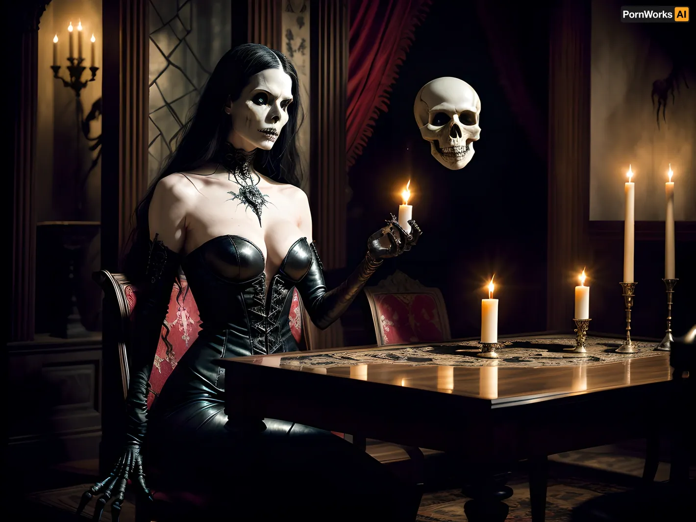 woman, gloomy and dark Gothic antique room, there is an antique carved mahogany table in the room, there are burning candles, their light disperses the darkness a little. There is a human skull on the table, there are alchemical devices and potions, and there is an old ancient book in a leather cover, decorated with an intricate inlay of silver and bone on a demonic theme, on the cover of the book there is a demon with a skull instead of a head and the title of the book Necronomicon is burning.
Mysticism, dark gothic athmosphere, a frame from a horror movie, cinematography, Regan McNeil, space horror, exorcist, 8K, realistic, clear focus, cinematic atmosphere, dim lighting. Insanely complex, intricately detailed, realistic. Repulsive, Cursed, damaged, dark, Deteriorated, scary, dirty, scary., Negative promt, (worst quality, low quality:1.4), EasyNegative, bad anatomy, bad hands, cropped, missing fingers, too many fingers, missing arms, long neck, Humpbacked, deformed, disfigured, poorly drawn face, distorted face, mutation, mutated, extra limb, ugly, poorly drawn hands, missing limb, floating limbs, disconnected limbs, malformed hands, out of focus, long body, monochrome, symbol, text, logo, door frame, window frame, mirror frame.