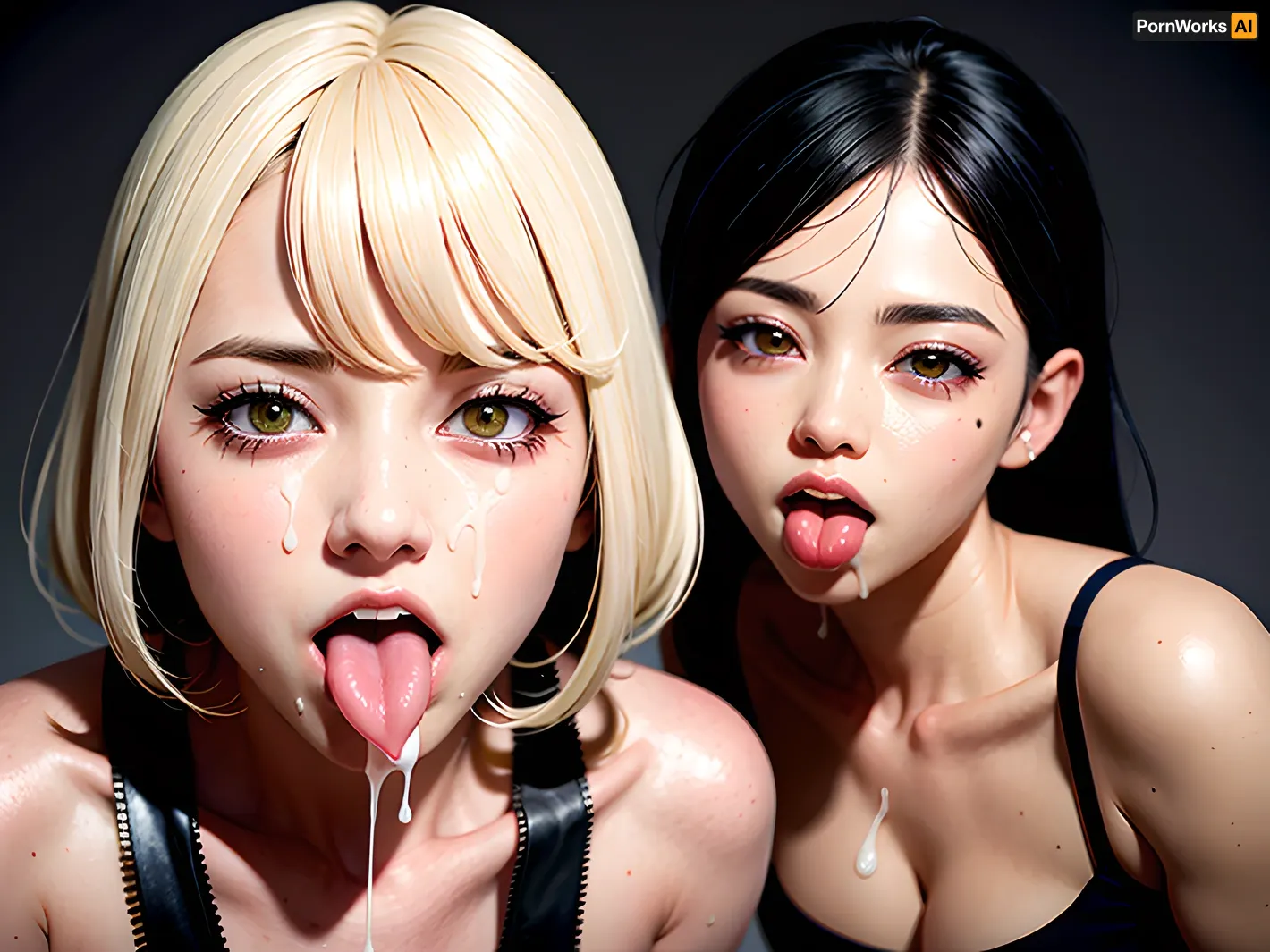 A woman with a high-quality 8k AI generated porn picture on her face, cumming and the cumshot was realistic and she had a cumshot in her mouth