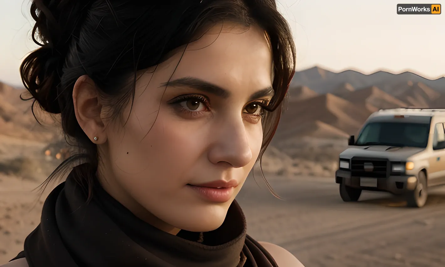 In the desert, a woman in her early twenties drove a cybertruck with high-resolution and dark mood text