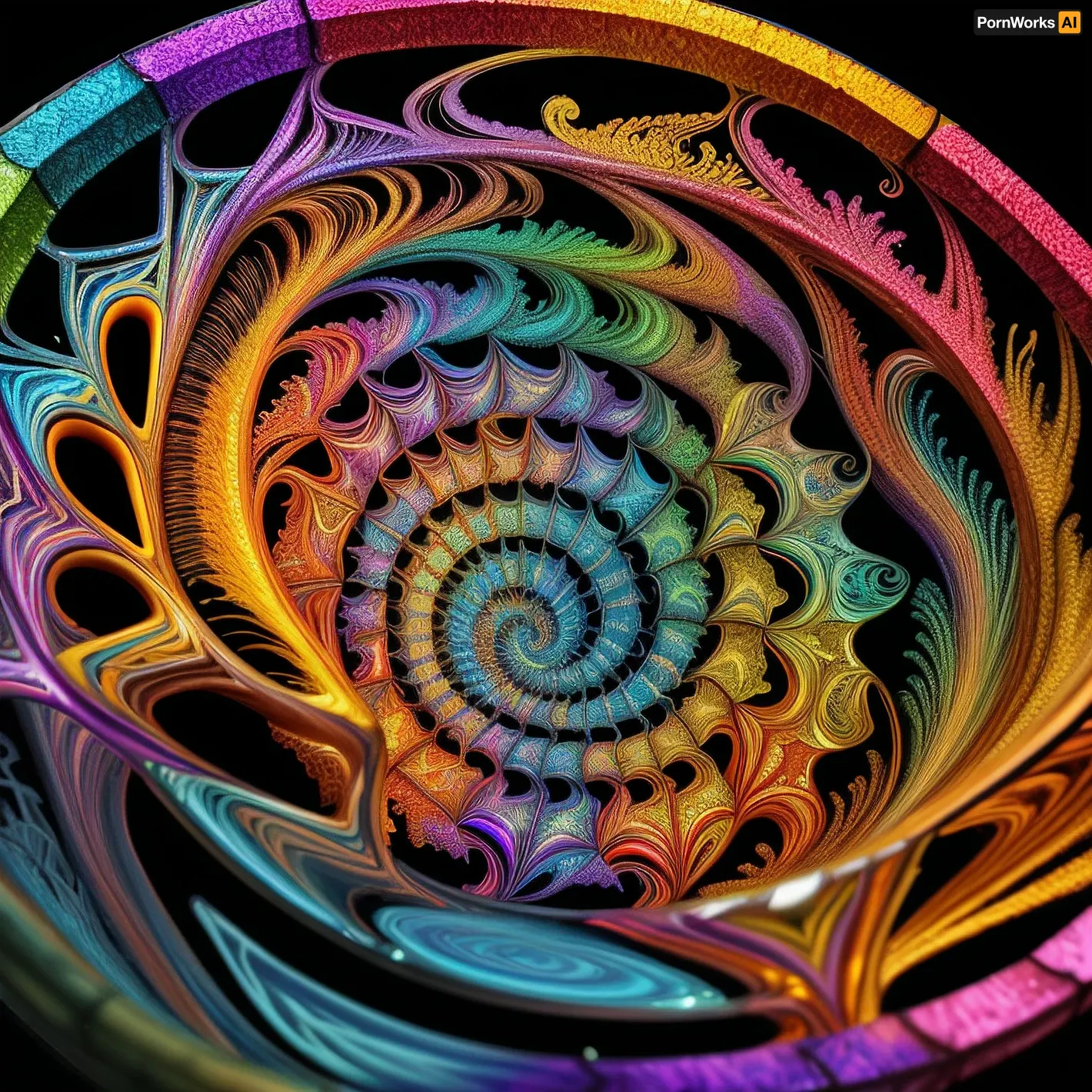 The artist used an AI-generated fractal program to create a stunning glass sculpture with intricate details and vibrant colors that filled the entire screen, making it feel like you were in another world