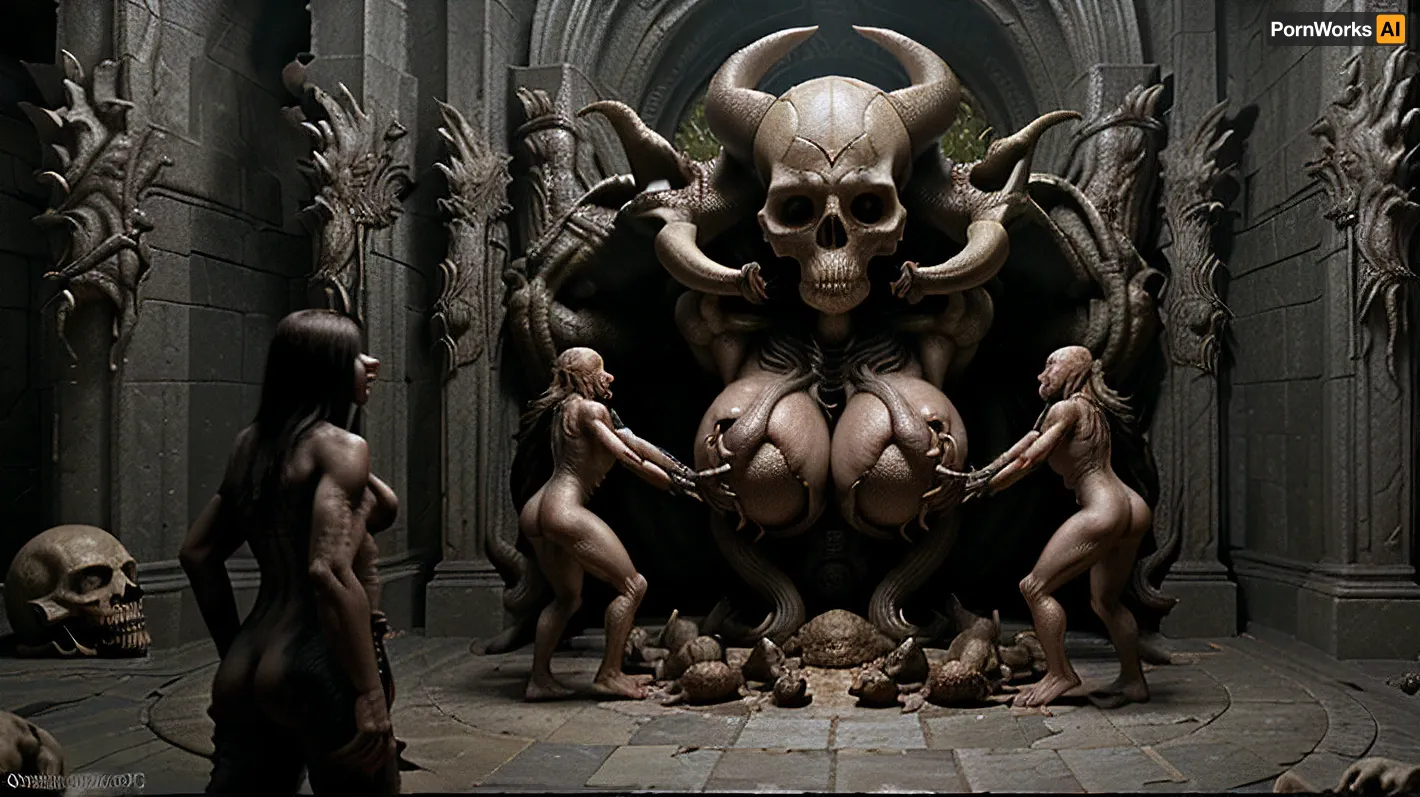 The AI generated a high-quality 8k ultra detailed porn picture with monster. The picture was of a female monster with giant skull head with horn, apparent bones, apparent organs, fighting against small male monsters. In the style of HR Giger,