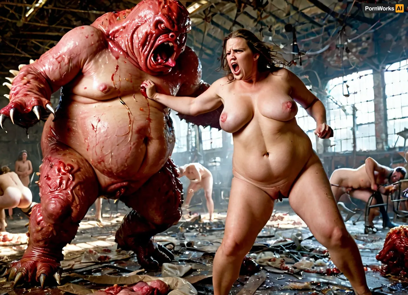 The AI generated a photo realistic masterpiece with high quality and highly detailed, featuring an 8k ultra realistic masterpiece with intricate details, photo realistic, gore, many blood effects, FX-monsters-xl-meatsack and creature