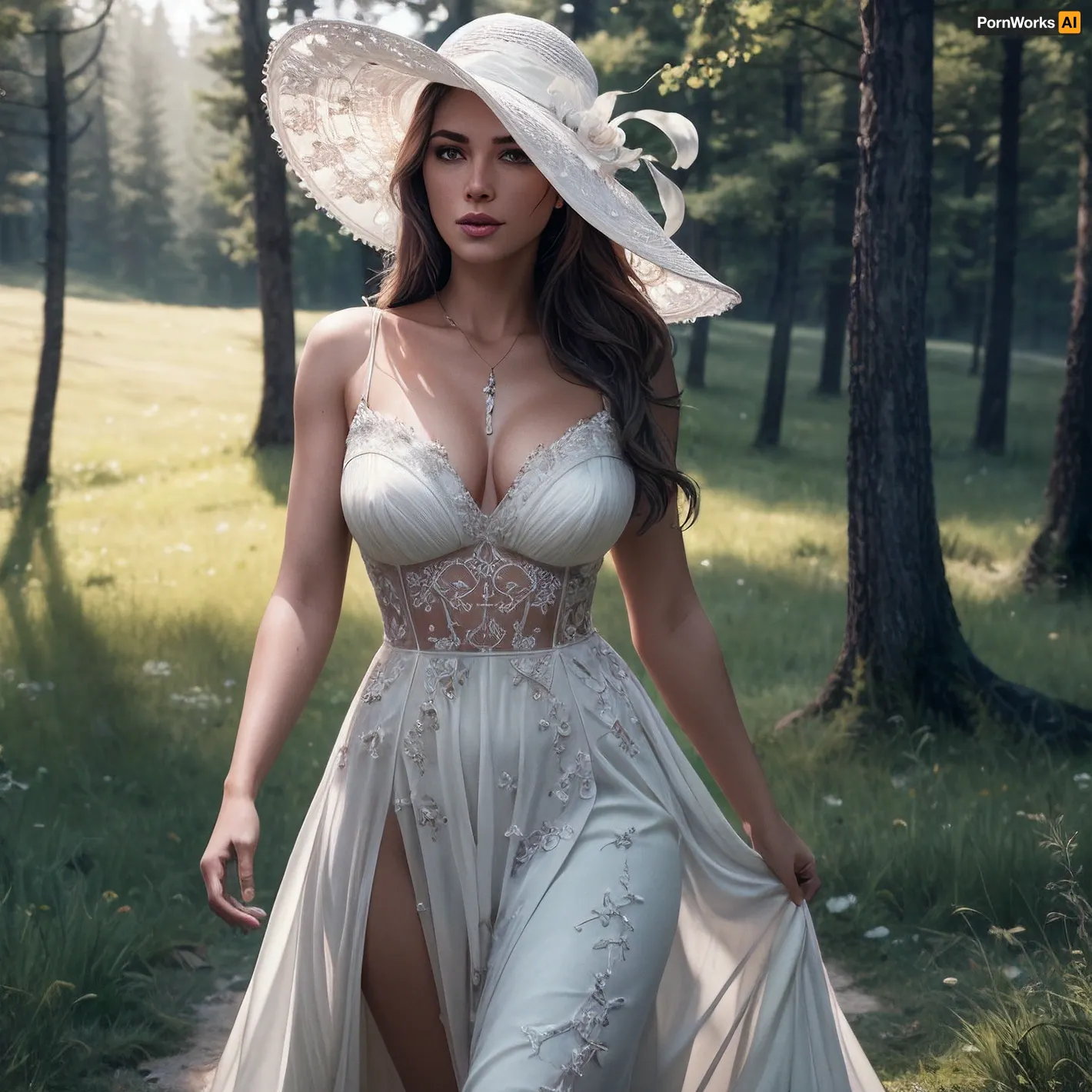A woman in a white dress and hat, wearing a 50mm ultra-detailed CG unity 8k wallpaper with intricate gradients and highres, approached you with sensual movements. Her lips were painted a deep red, her skin glowed with