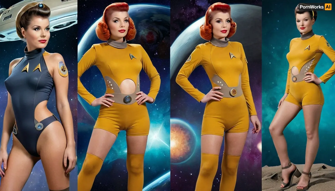 The highly detailed and artistic depiction of a futuristic alien girl in an asymmetrical outfit is described in detail, including her retro scifi and military-inspired designs. The clothing is heavily influenced by retro scifi and military-inspired designs, with multiple