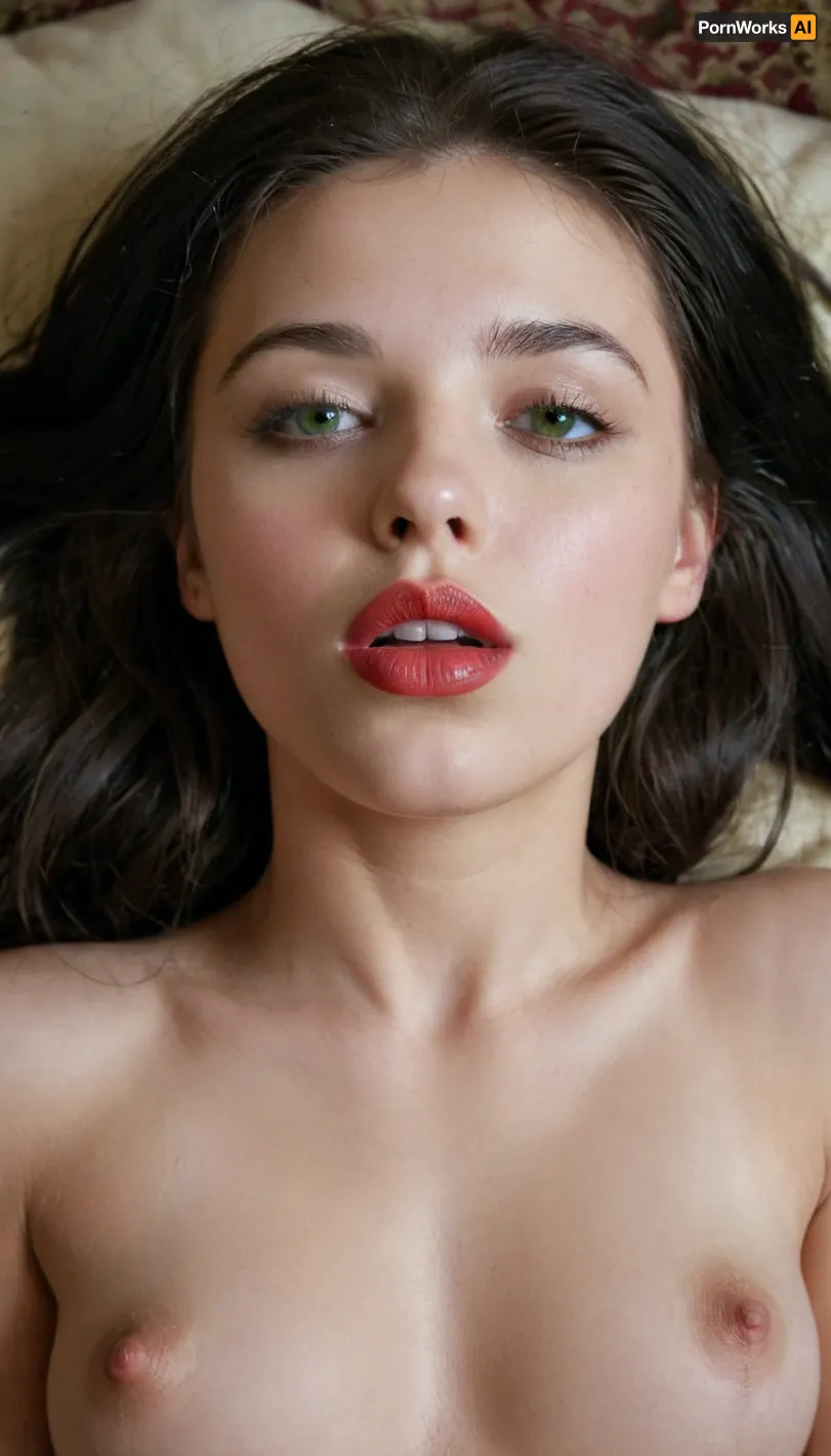 The AI generated porn picture of a 25-year-old French woman with natural little tits, red lips, and long black hair was a detailed portrait of a beautiful woman with glowing skin and green eyes. She had injected lips and bimbo