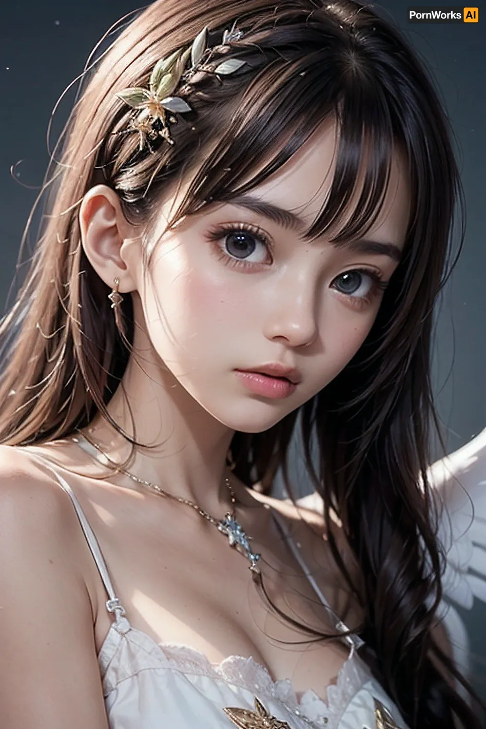 A 21-year-old girl with a modern twist, wearing a white long and flowing white dress, has large, intricately carved wings that are slightly crouched down on the gray background. Her expression is serene yet slightly rebellious,