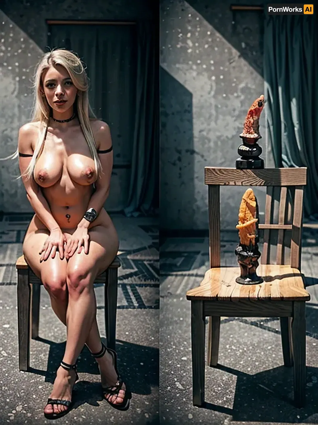 The AI generated a high-quality porn picture with a huge dildo and vibrant colors. The dildo was revealed, and the chair was placed in the center of the room. The trail led to a large dildo that was used to stimulate the