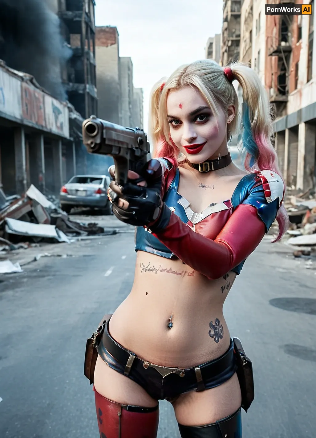 Harley Quinn was walking down the street when she saw a destroyed post-apocalyptic street. She couldn't resist the urge to take a picture of herself with her smartphone, but as she was taking it, she noticed something strange in the distance