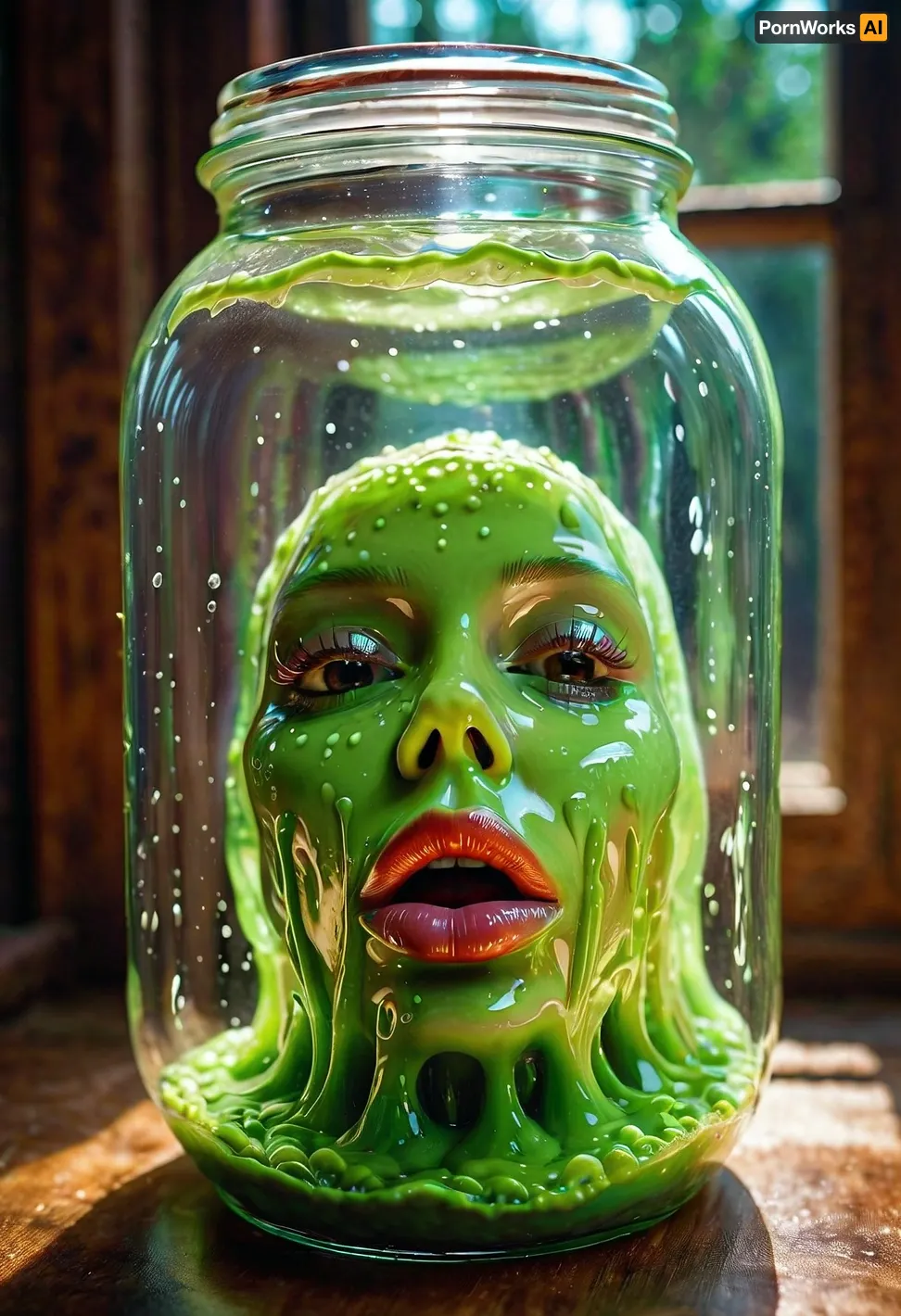 The slime creature in the jar was shaped like a human face with huge bimbo lips. It had been created by an advanced AI system that could generate realistic images and text. Its mouth opened and closed, revealing sharp teeth that glinted