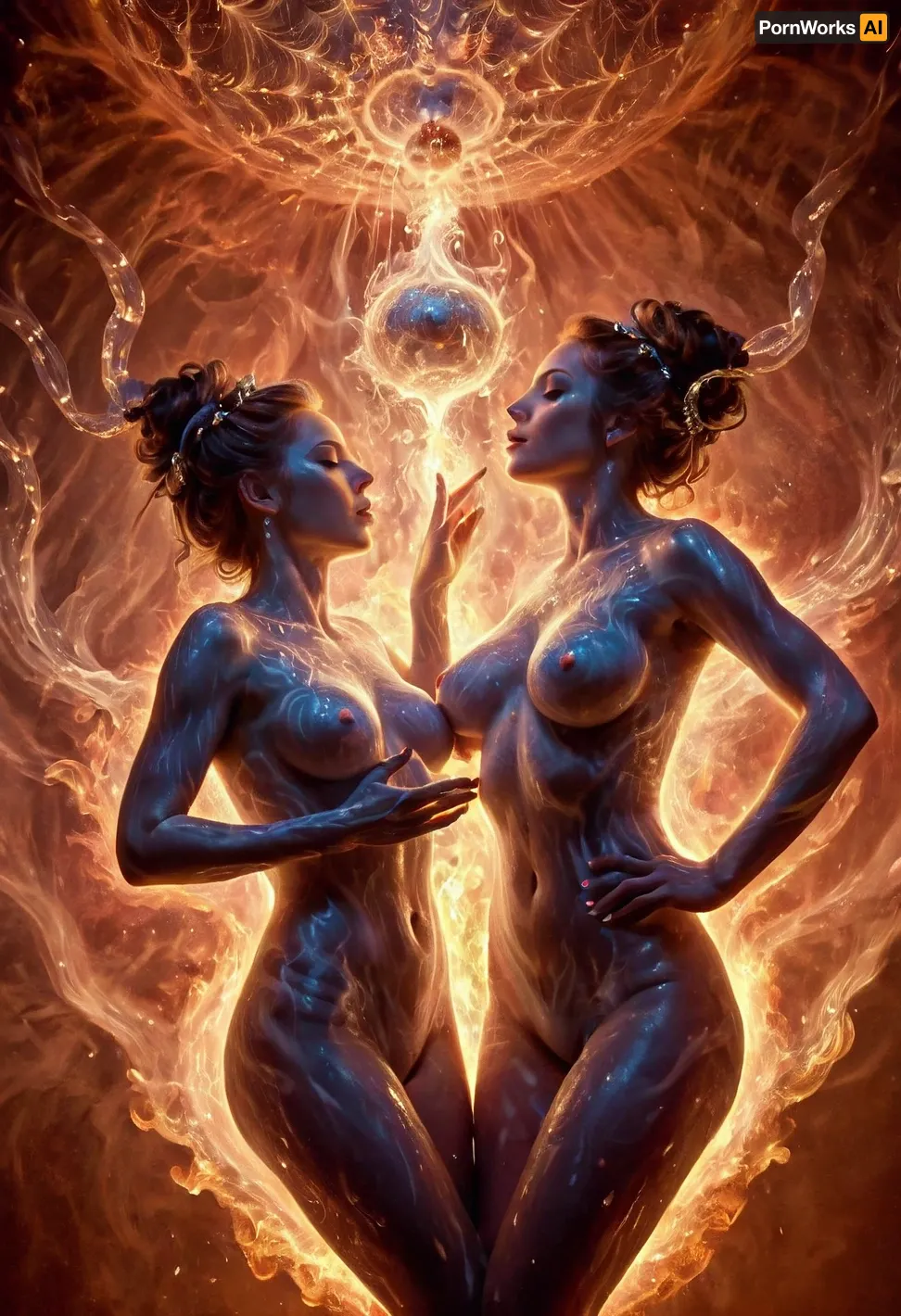 The AI generated a detailed and well-executed picture of two girls kissing, burning, surrounded by smoke, smoky, bathed in fire. The two figures are wearing digital makeup and are posed in a sleek room with high-quality lighting