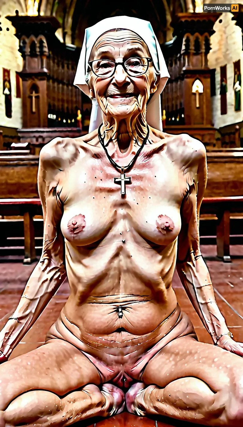 The old nun was a 90-year-old nun who had been living in the cathedral for years. She was extremely skinny, with ribs showing and wrinkly saggy skin. Her fingers were always in her pussy, and she loved to