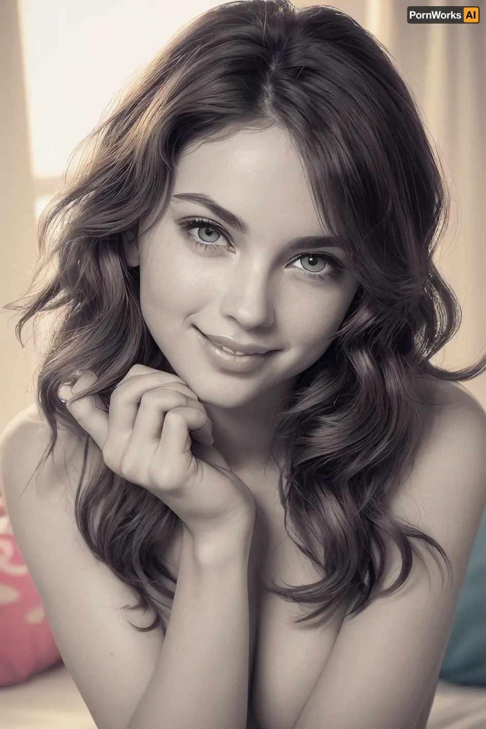 (highly detailed:1.4), (24-year-old beautiful young woman:1.5), (bashful and slightly shy:1.5), (mischievously sensual expression:1.5), (long wavy brunette hair:1.4), (blue eyes:1.4), (cute face:1.4), (soft and glowing skin:1.4), (intimate and engaging pose:1.5), (colorful and playful bedroom setting:1.5), (vivid colors and patterns:1.5), (playful decor elements:1.4), (soft ambient lighting with pops of color:1.4), (subtle and muted accents:1.3), (soft focus:1.4), (captured with a Canon EOS R5:1.5), (50mm f/1.8 lens:1.5), (slightly increased contrast:1.4), 