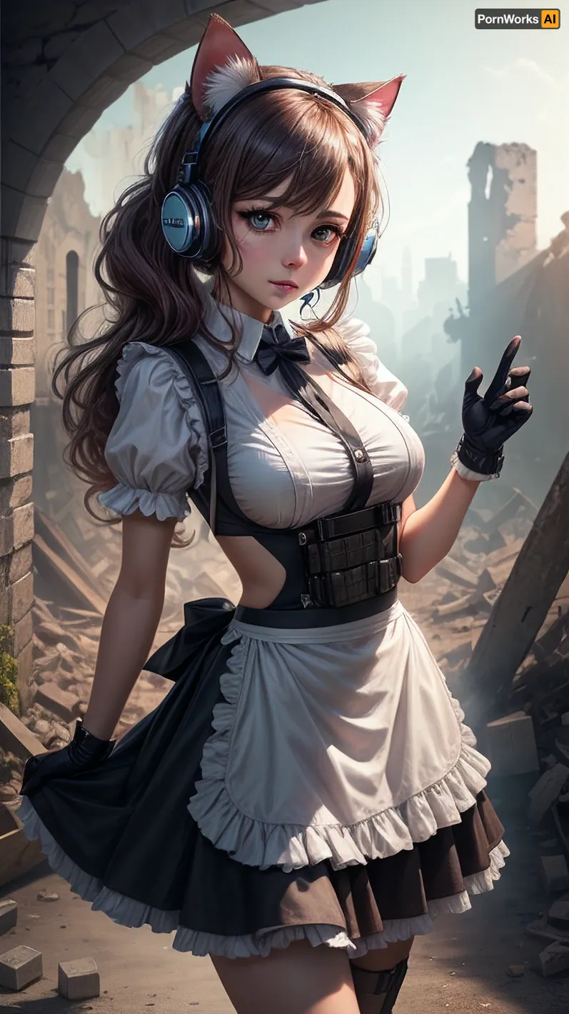 The AI maid stood in the ruins, her bulletproof vest and tactical headphones giving her a sense of power. She held a high-quality 5K camera in her mechanical hand, ready to capture the perfect shot for her client's latest project. Her