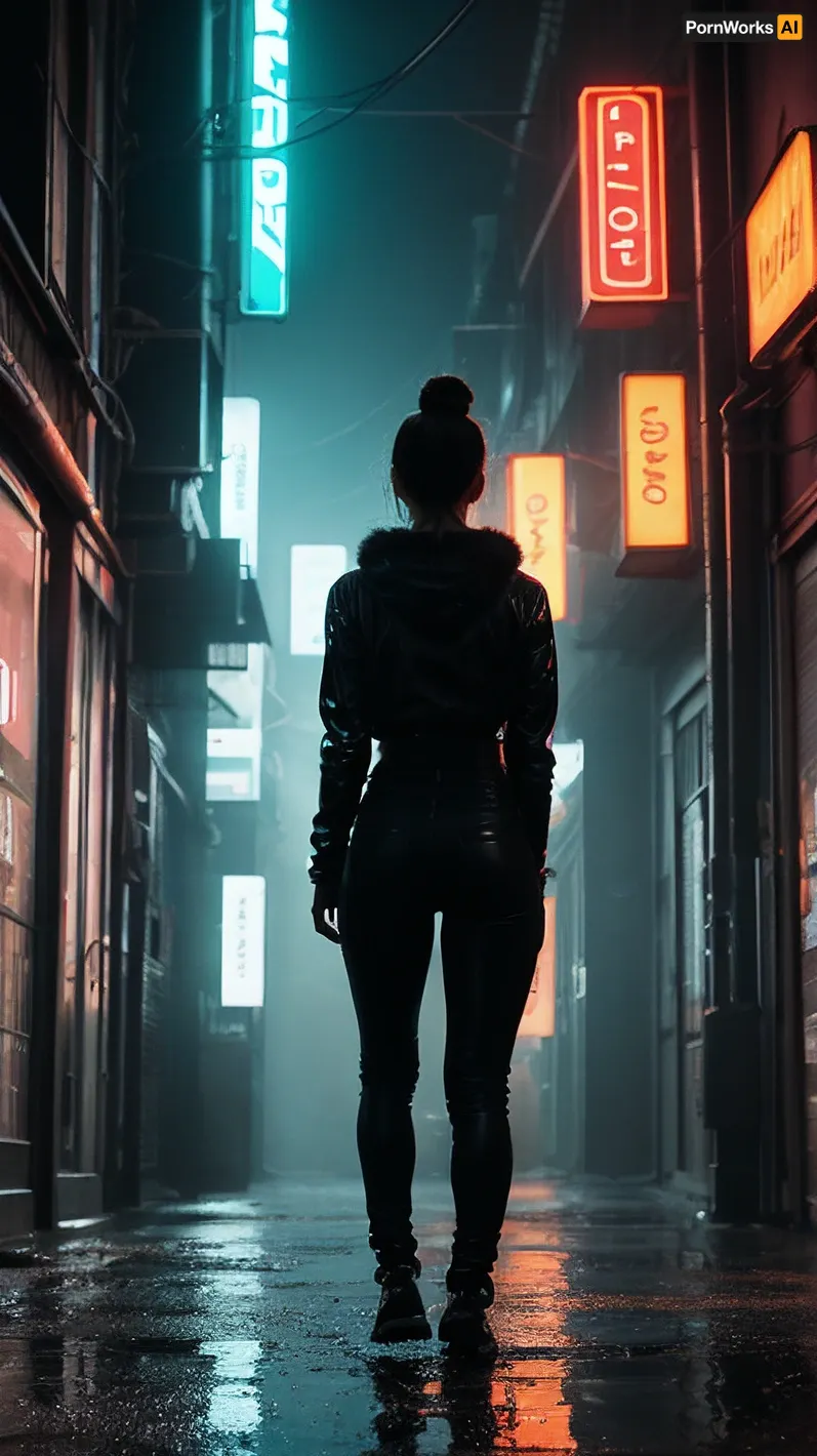 The futuristic city is illuminated by neon lights, creating a surreal atmosphere. The rain adds to the atmosphere of intrigue and suspense. The girl's hair is wet and sticking to her face, adding to the overall surreal atmosphere. Her eyes are