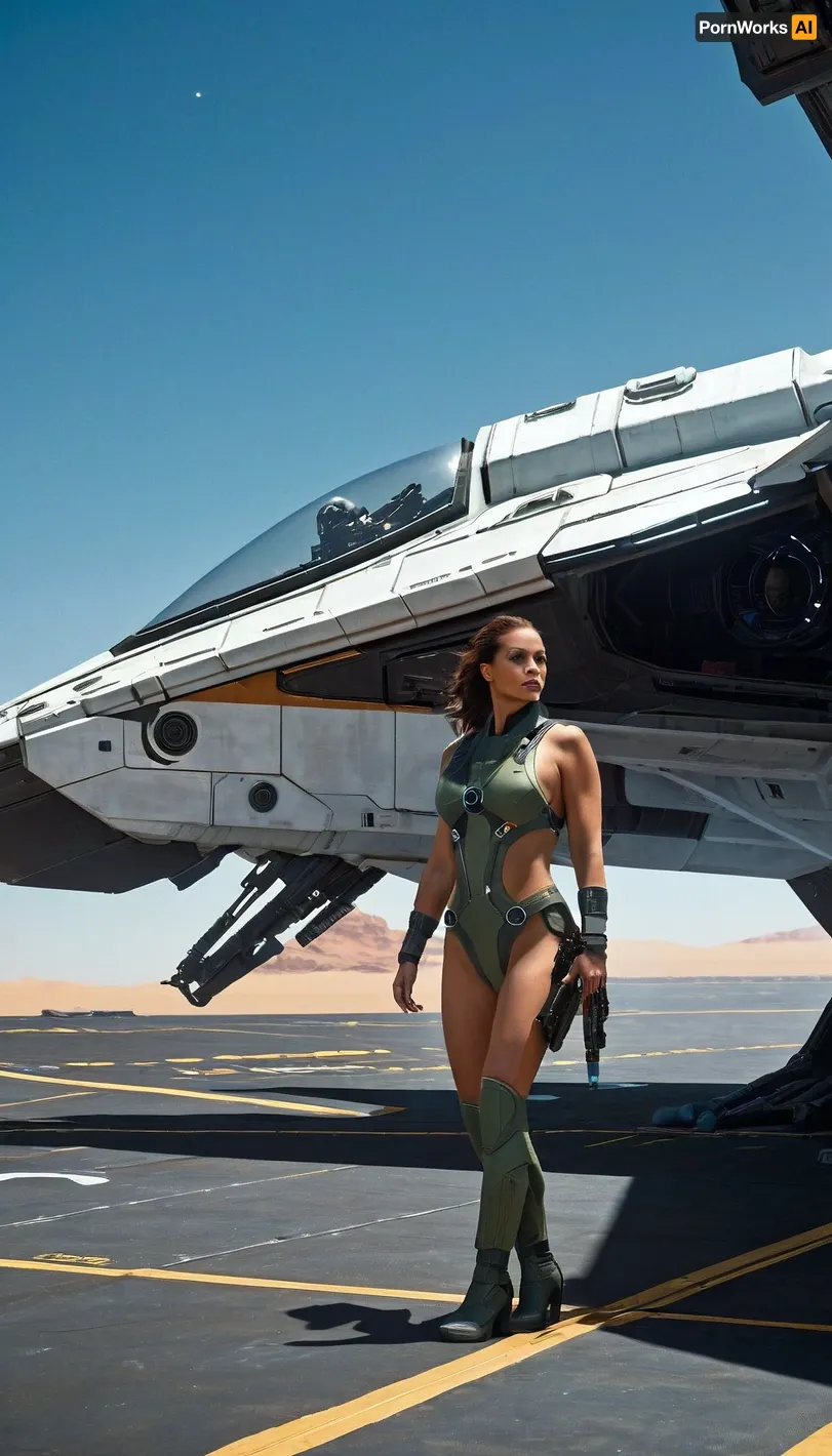 In the far reaches of space, a lone fighter pilot stands on the deck of a spacecraft carrier, wearing only her pilot's suit and helmet. She is tired after a long mission and is taking off her pilot's suit to relax in the warmth of