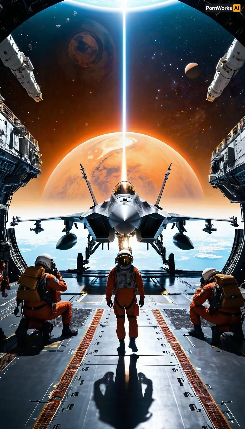 The female pilot of the space fighter takes off from the deck of the aircraft carrier, flying towards the distant horizon. The white rays of the sun shine on her face as she flies through space, surrounded by a cold void. She reaches for her controls